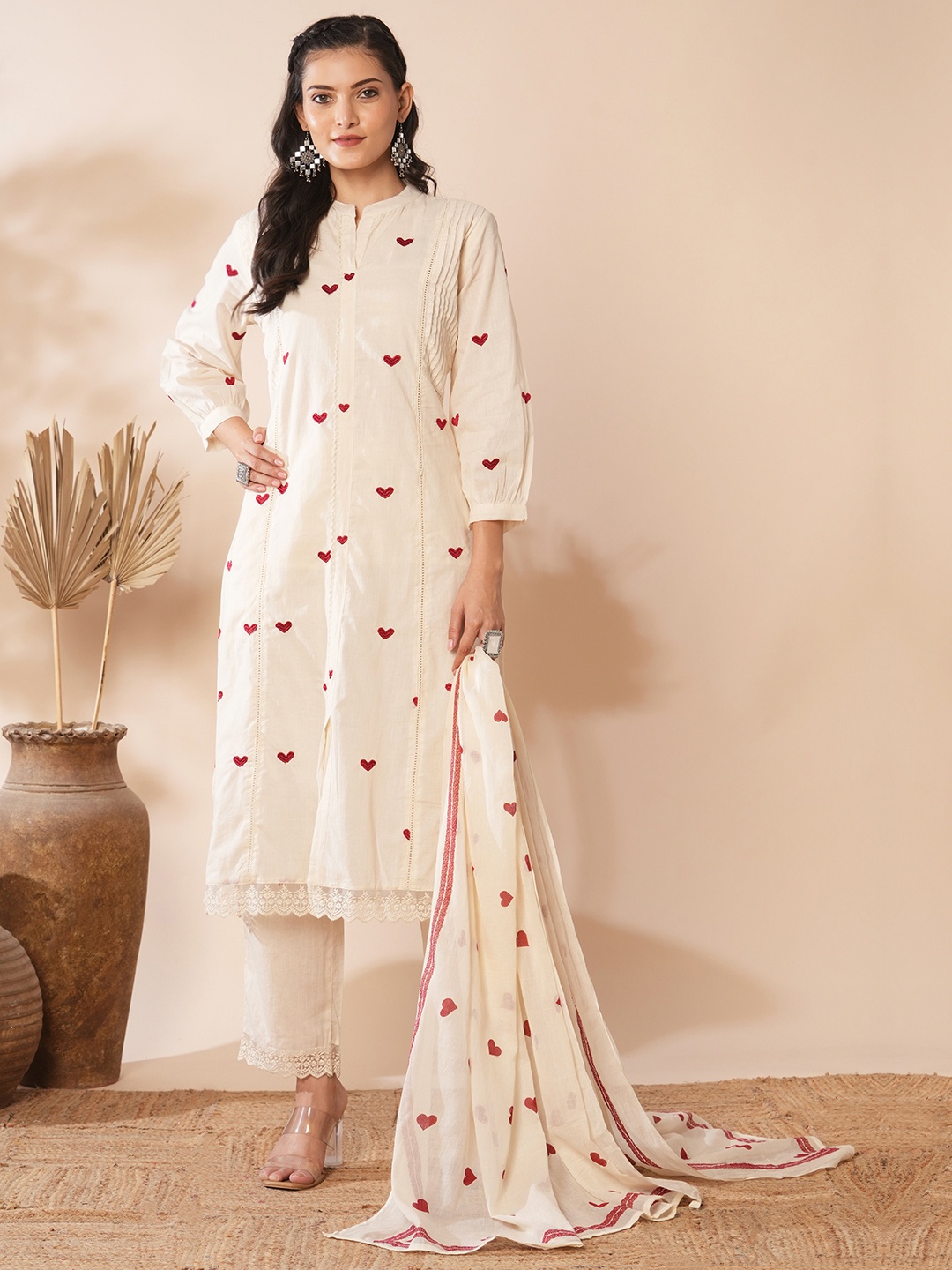 

FASHOR Hearts Embroidered Mandarin Collar Pure Cotton A-Line Kurta with Pant & Dupatta, Off white