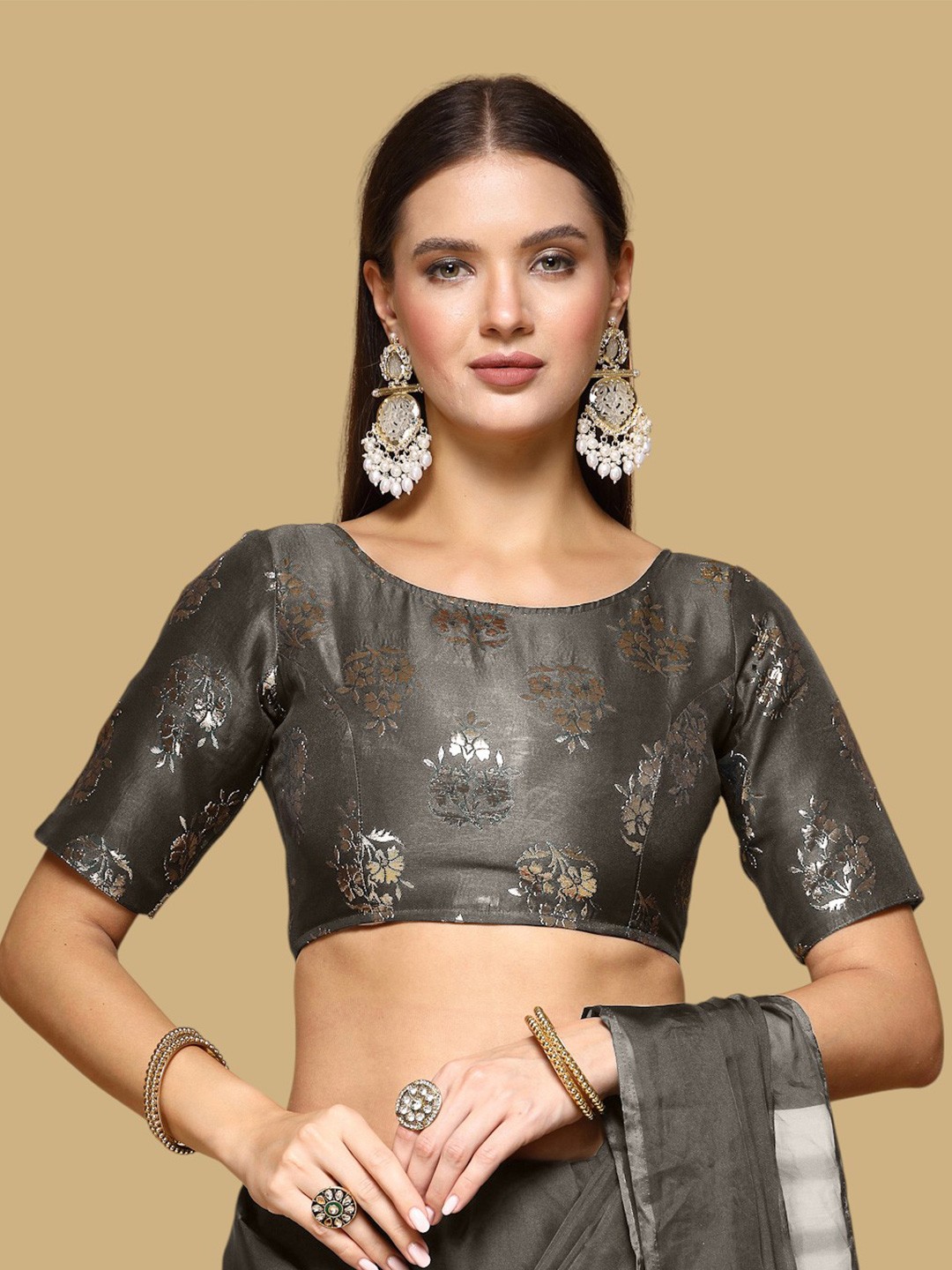

Oomph! Woven Design Jacquard Traditional Saree Blouse, Grey