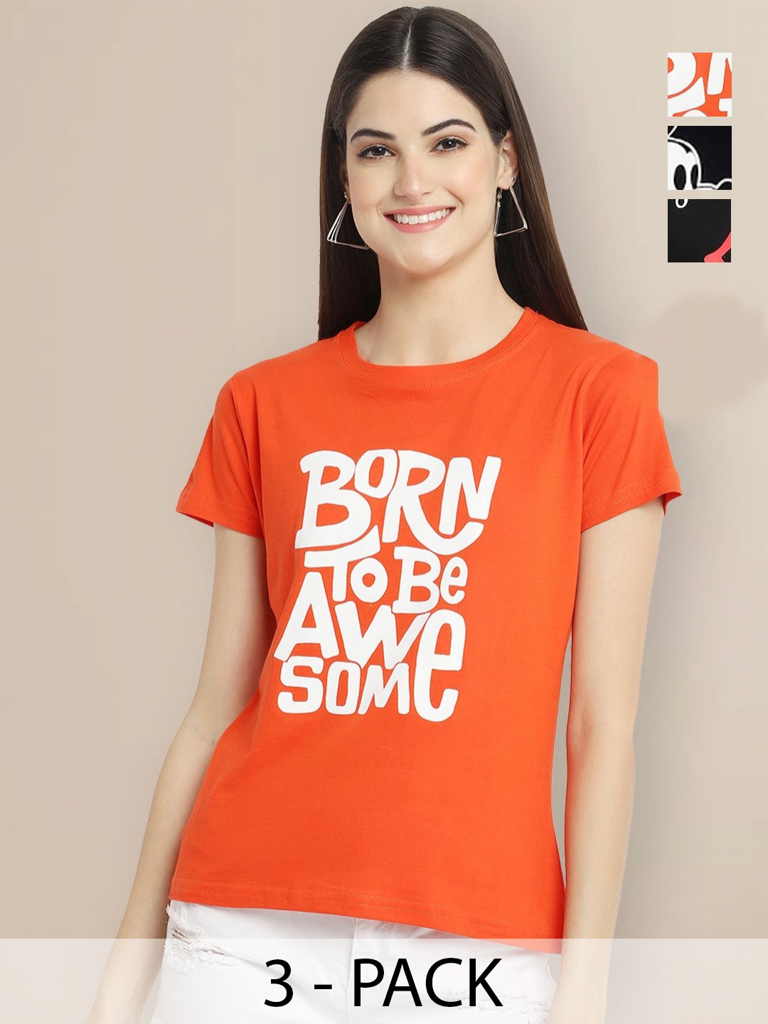 

GLOBAL NOMAD Women Pack of 3 Typography Printed Round Neck Cotton T-shirts, Orange