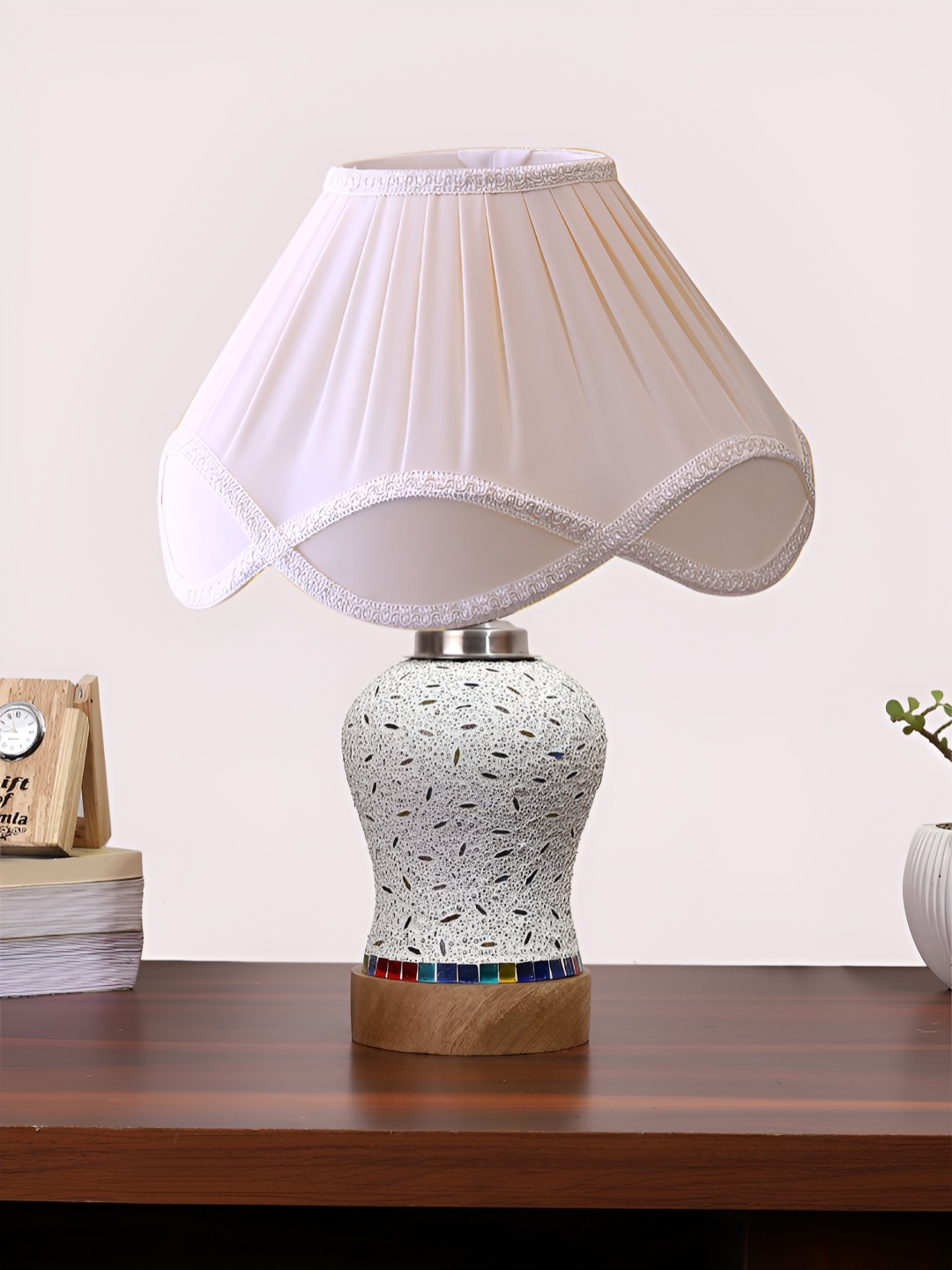 

Devansh Off White Textured Wooden Frustum Shaped Table Lamp With Mosaic Glass Base