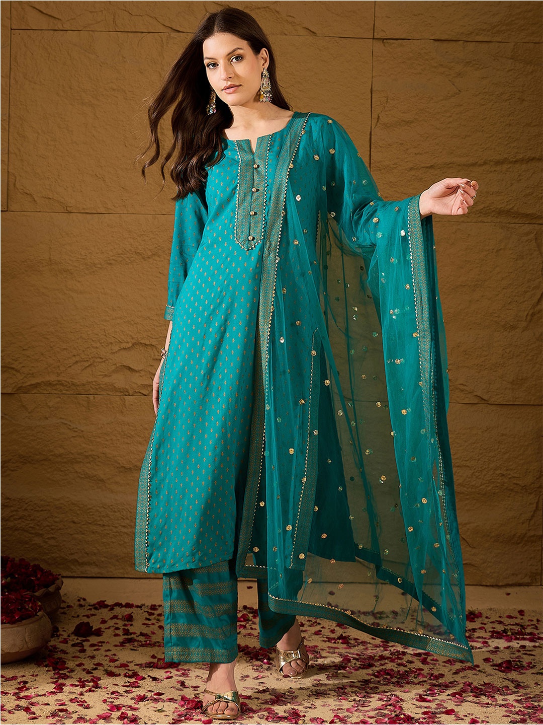 

KALINI Floral Printed Notch-Neck Straight Kurta With Palazzos And Dupatta, Teal