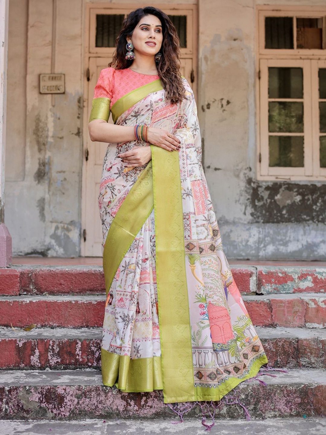 

ALMAARI FASHION Woven Design Printed Pure Silk Tussar Saree with Tassels, Off white