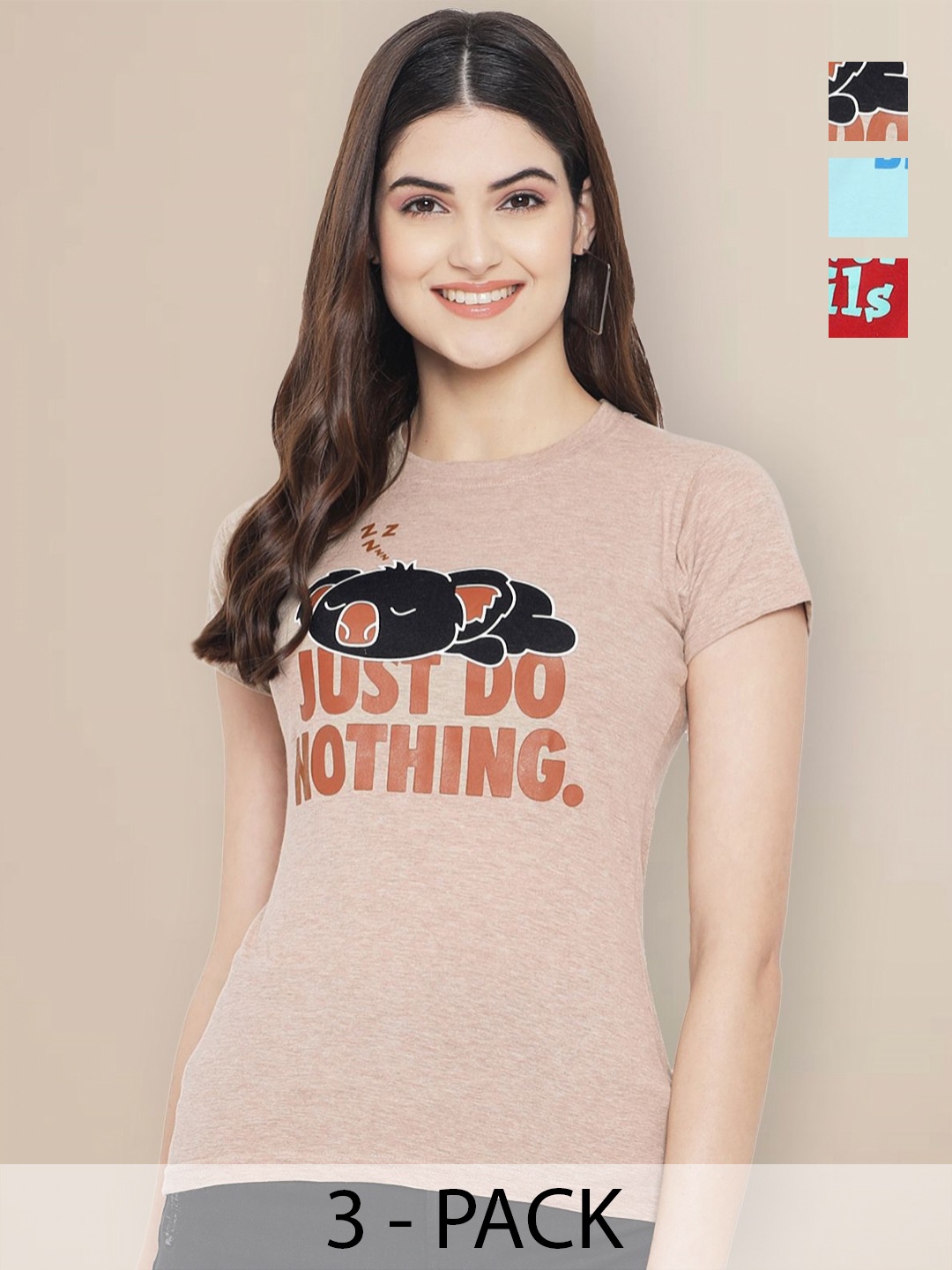 

GLOBAL NOMAD Women Pack of 3 Looney Tunes Graphic Printed Round Neck Cotton T-shirts, Beige