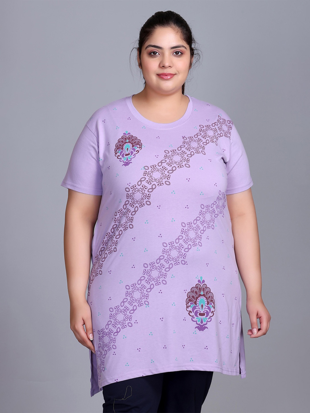 

IN Love Women Ethnic Motifs Printed Above Knee Cotton Plus Size Dresses, Lavender