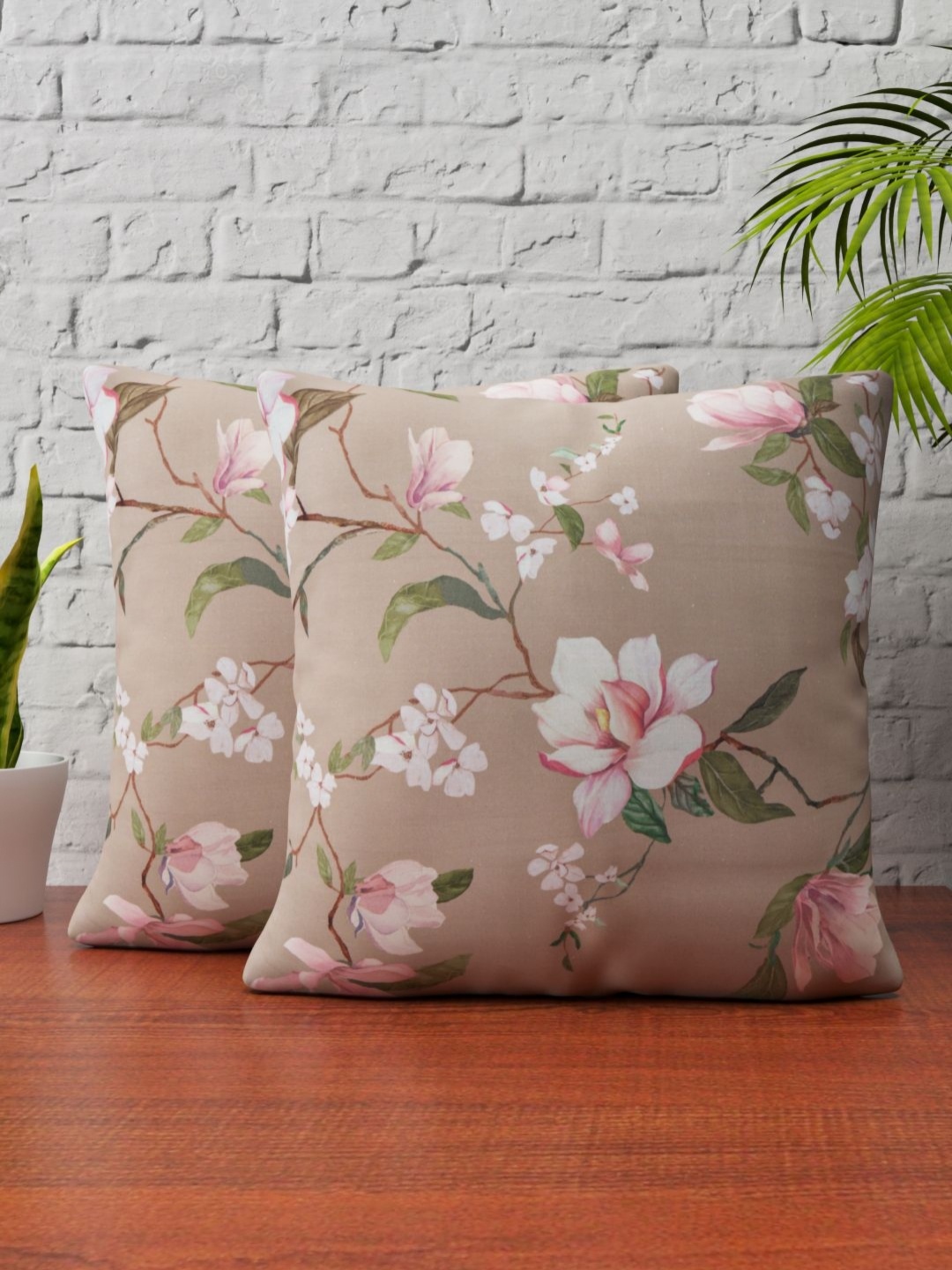 

HOME AFFAIRS Grey & White 2 Pieces Floral Square Cushion Covers, Beige