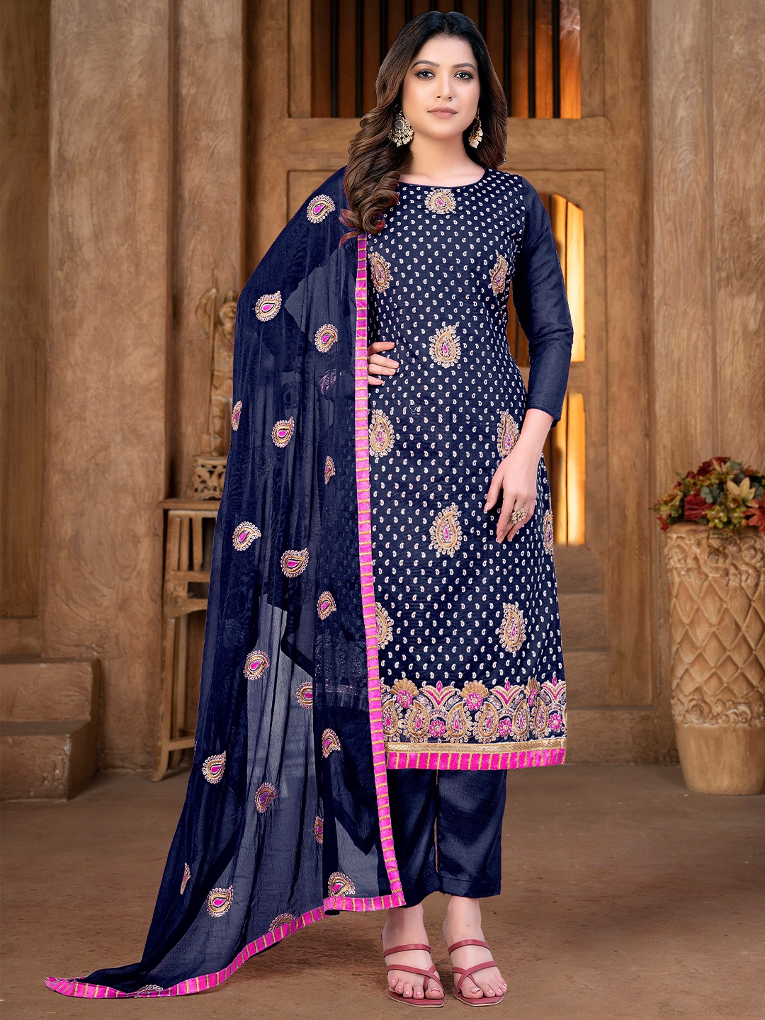 

SHADOW & SAINING Paisley Sequinned Embroidered Semi-Stitched Dress Material, Blue