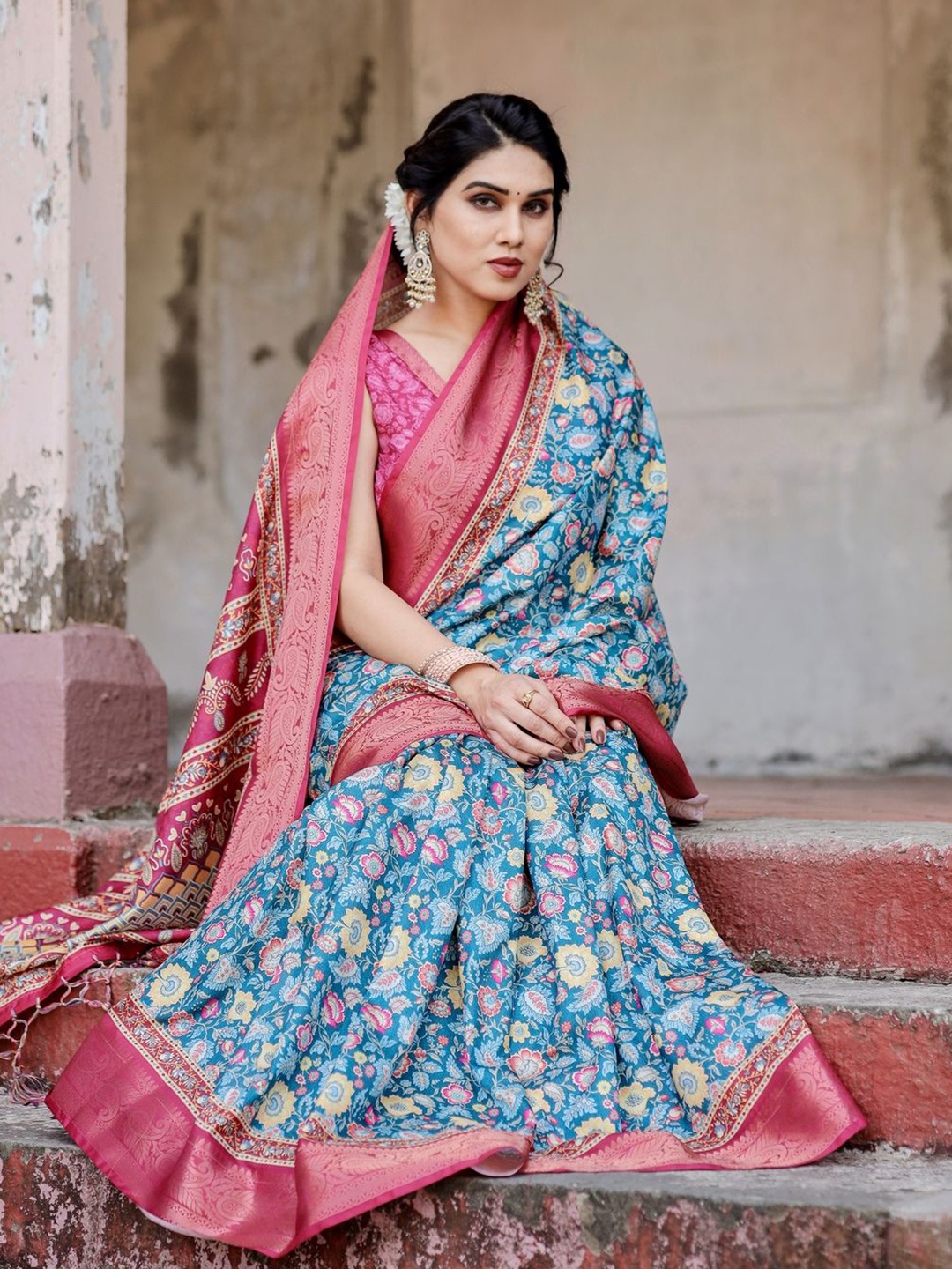 

ALMAARI FASHION Ethnic Motifs Printed Zari Pure Silk Kanjeevaram Saree, Blue