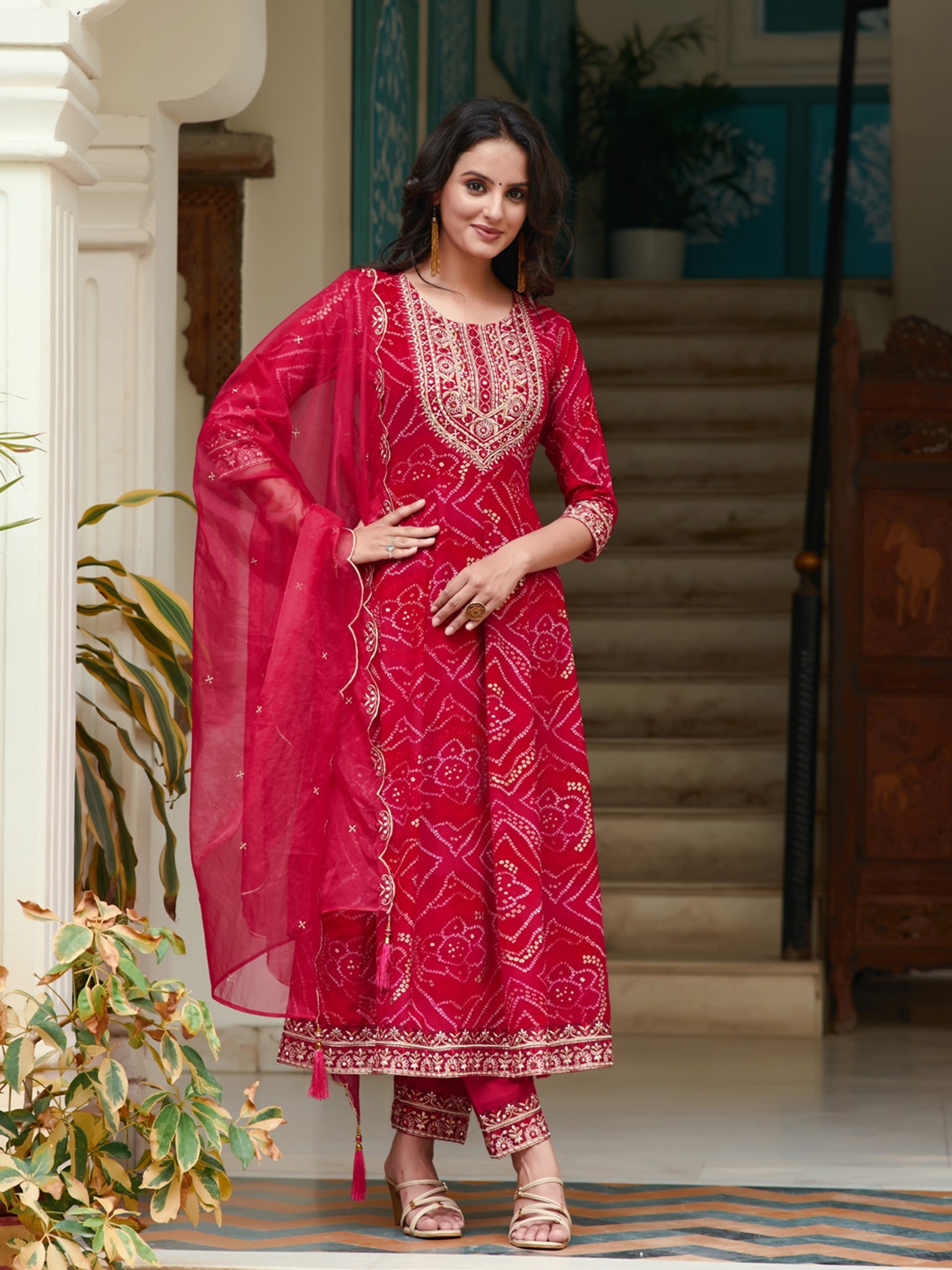 

Berrylicious Bandhani Printed Zari Round Neck A-Line Kurta With Trousers & Dupatta, Pink