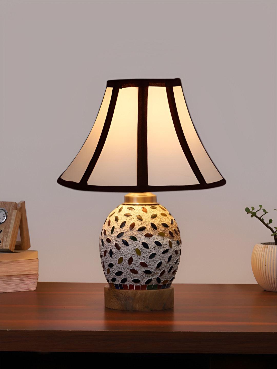 

Devansh White & Blue Printed Wooden Frustum Shaped Table Lamp With Mosaic Glass Base