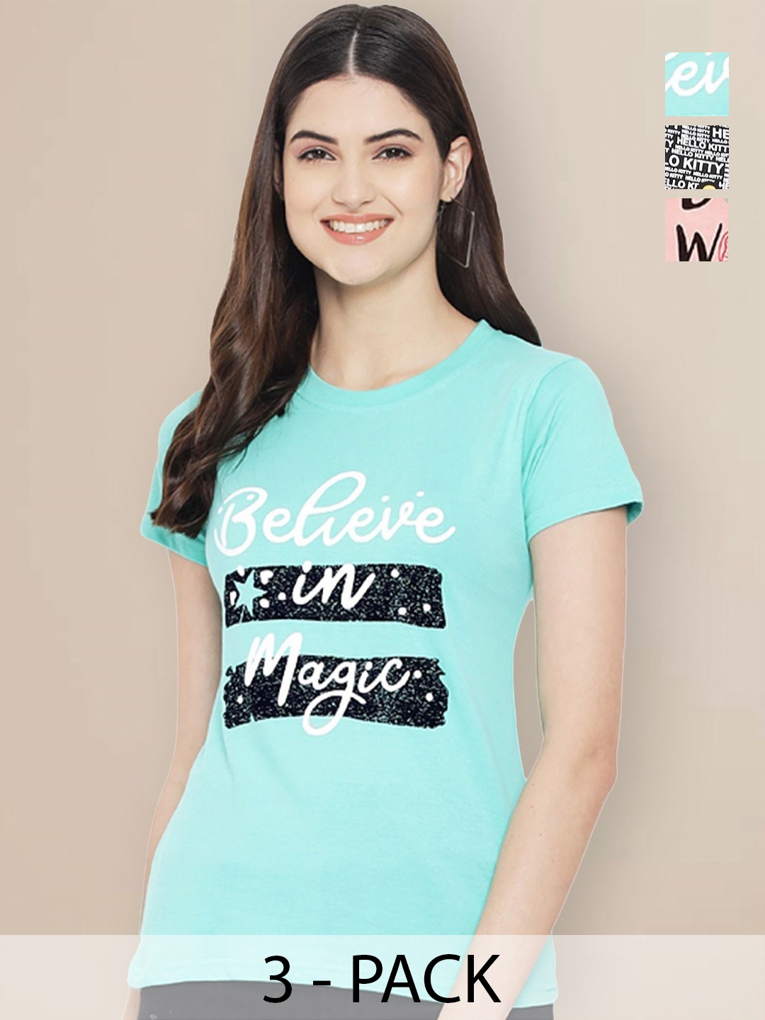 

GLOBAL NOMAD Women Pack of 3 Typography Printed Round Neck Cotton T-shirts, Blue
