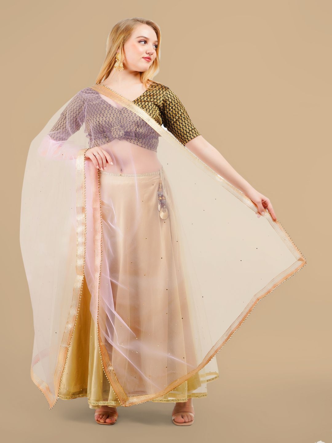 

Karthav Fashion Polka Dots Embroidered Dupatta With Sequinned, Gold