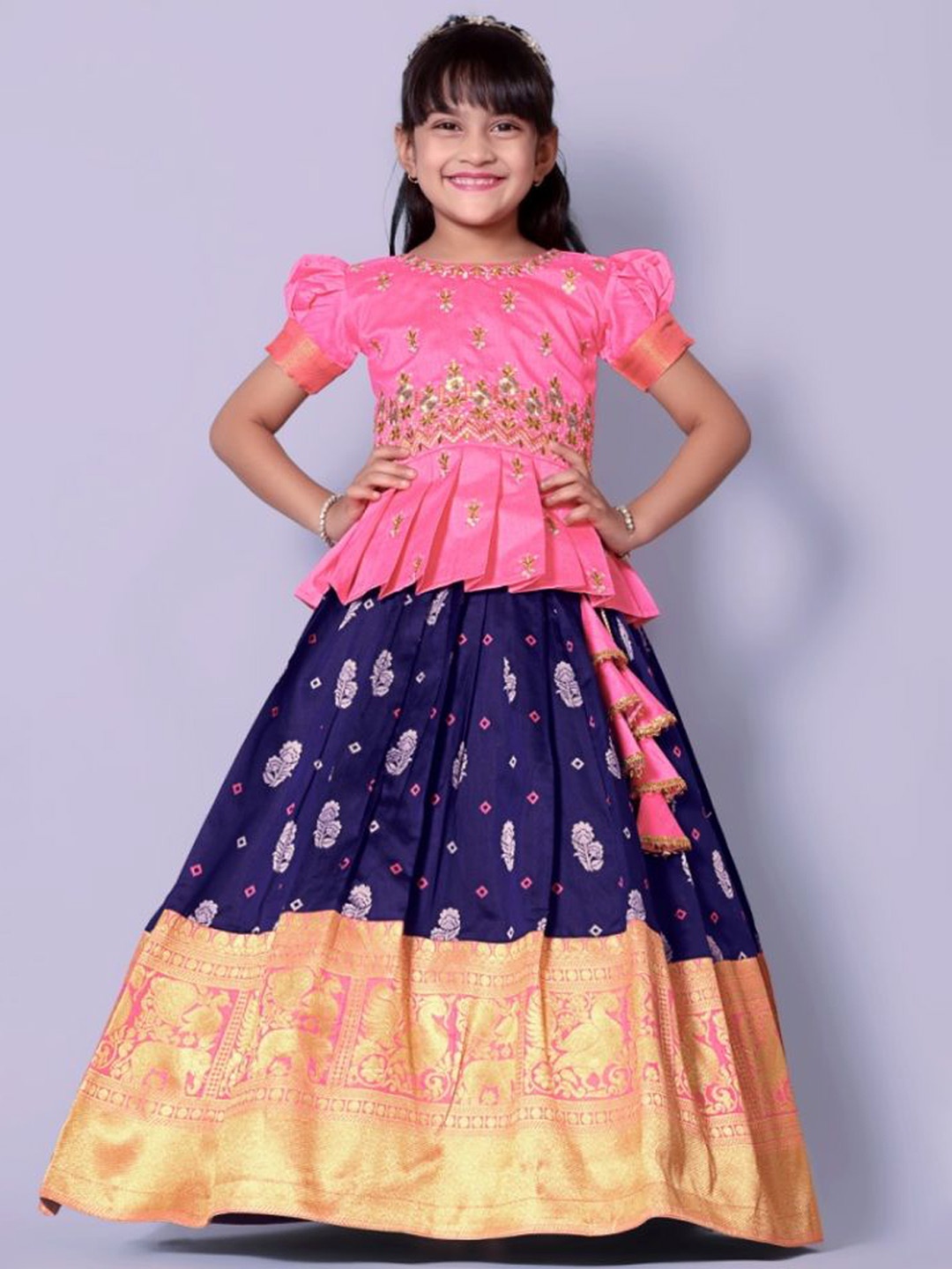 

BAESD Girls Embroidered Thread Work Ready To Wear Jacquard Lehenga & Choli, Pink