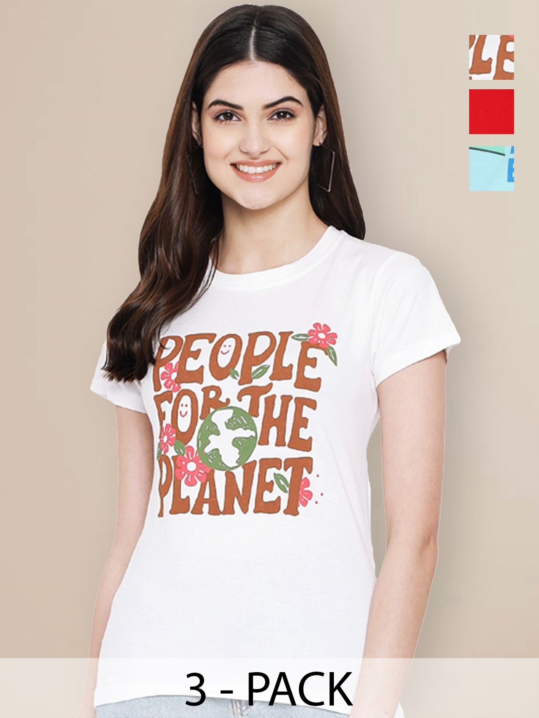 

GLOBAL NOMAD Women Pack of 3 Typography Printed Round Neck Cotton T-shirts, White
