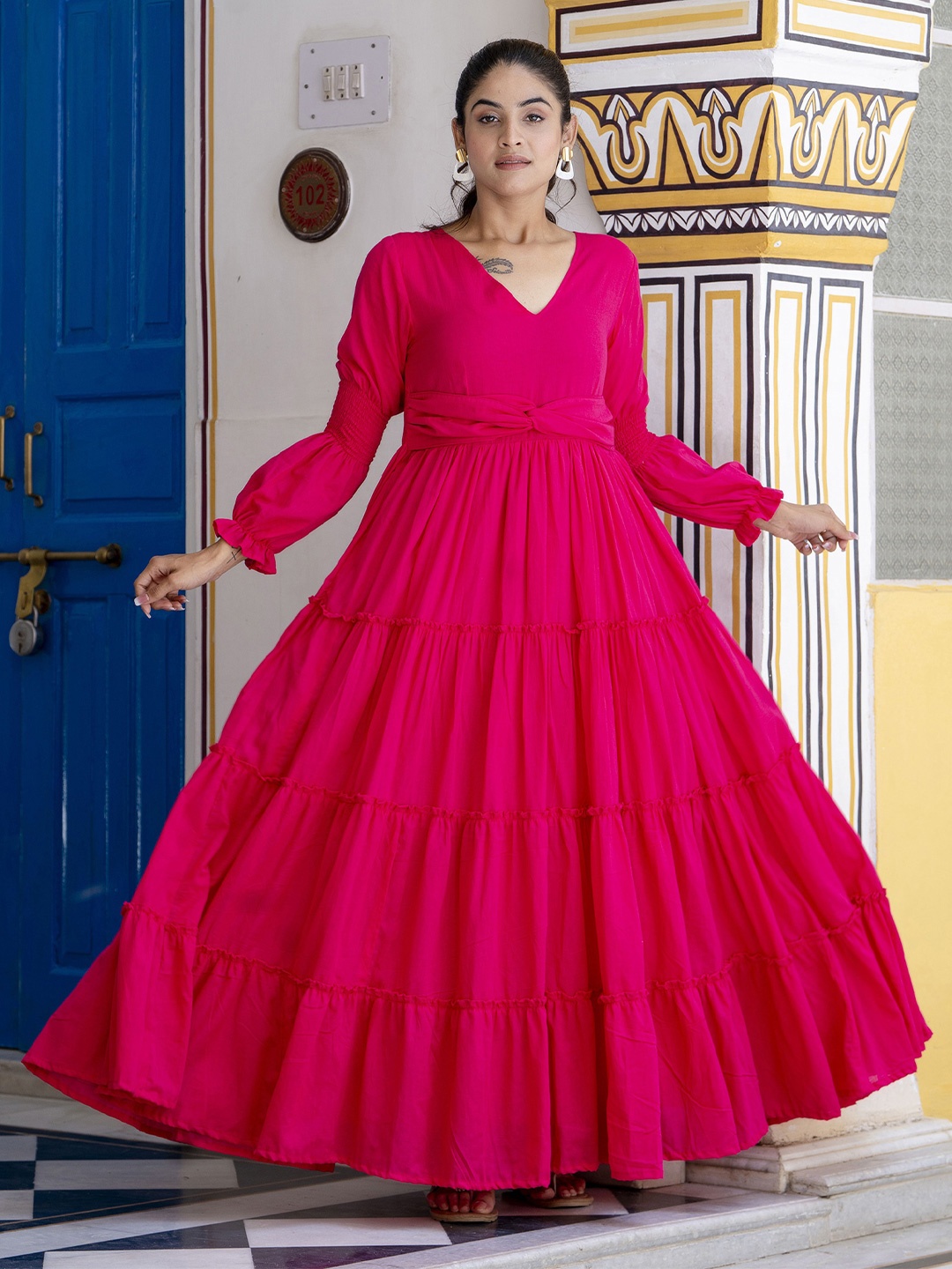 

Jaipurite V-Neck Puffed Sleeve Tiered Ethnic Dress, Pink