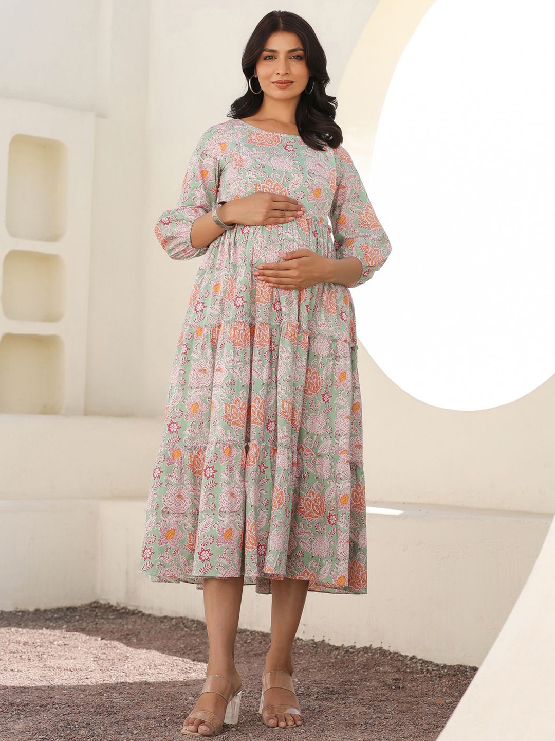 

Janasya Women Light Green Pure Cotton Floral Printed Tiered Maternity Fit and Flare Dress