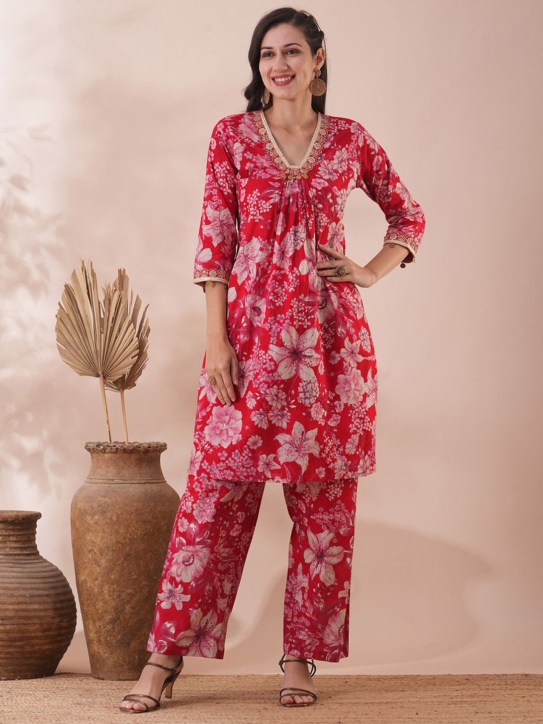 

FASHOR Floral Foil Printed Cotton A-Line Tunic & Trousers, Red