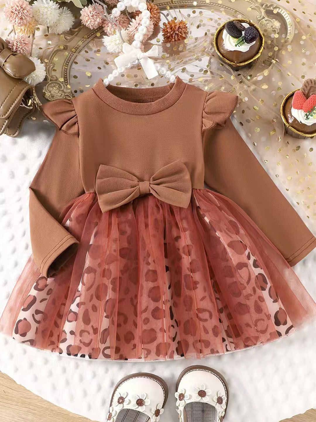 

Xsole Girls Floral Print Fit & Flare Dress, Brown
