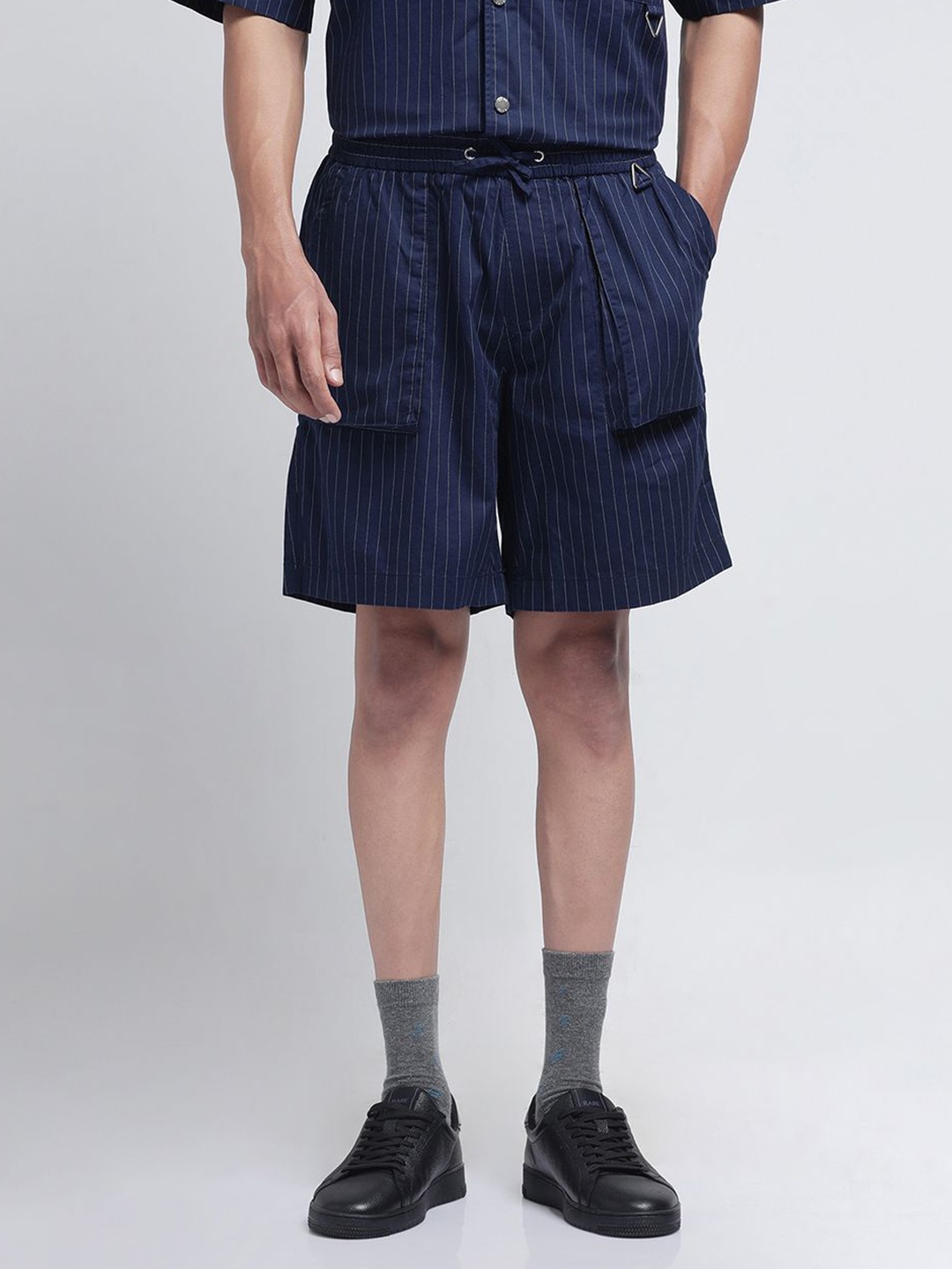 

RARE RABBIT Habar Primary Men Cotton Striped Regular Fit Shorts, Navy blue