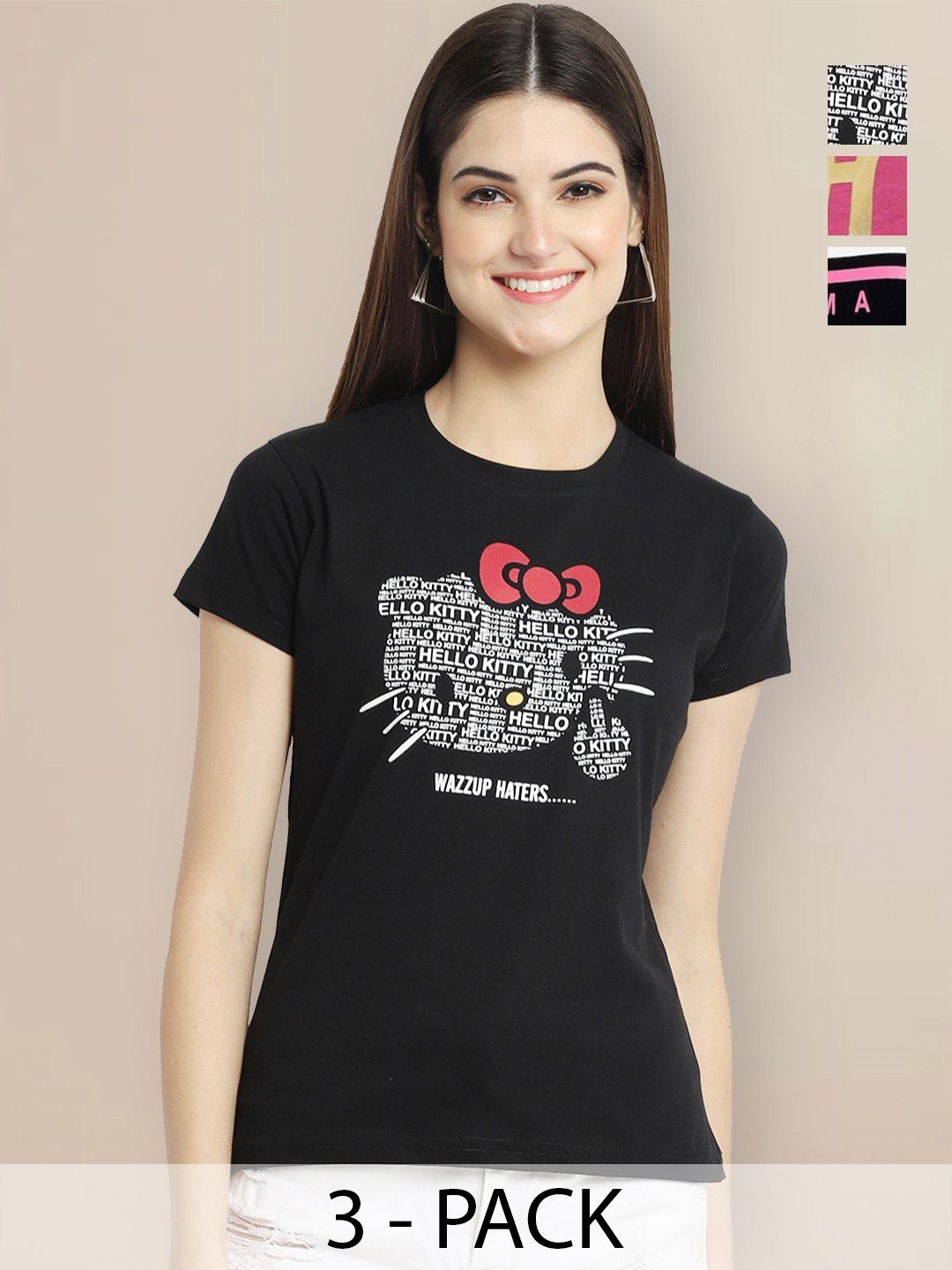 

GLOBAL NOMAD Women Pack of 3 Typography Printed Round Neck Cotton T-shirts, Black