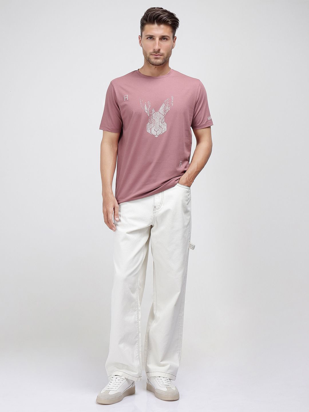 

RARE RABBIT Men Printed Applique T-shirt, Pink
