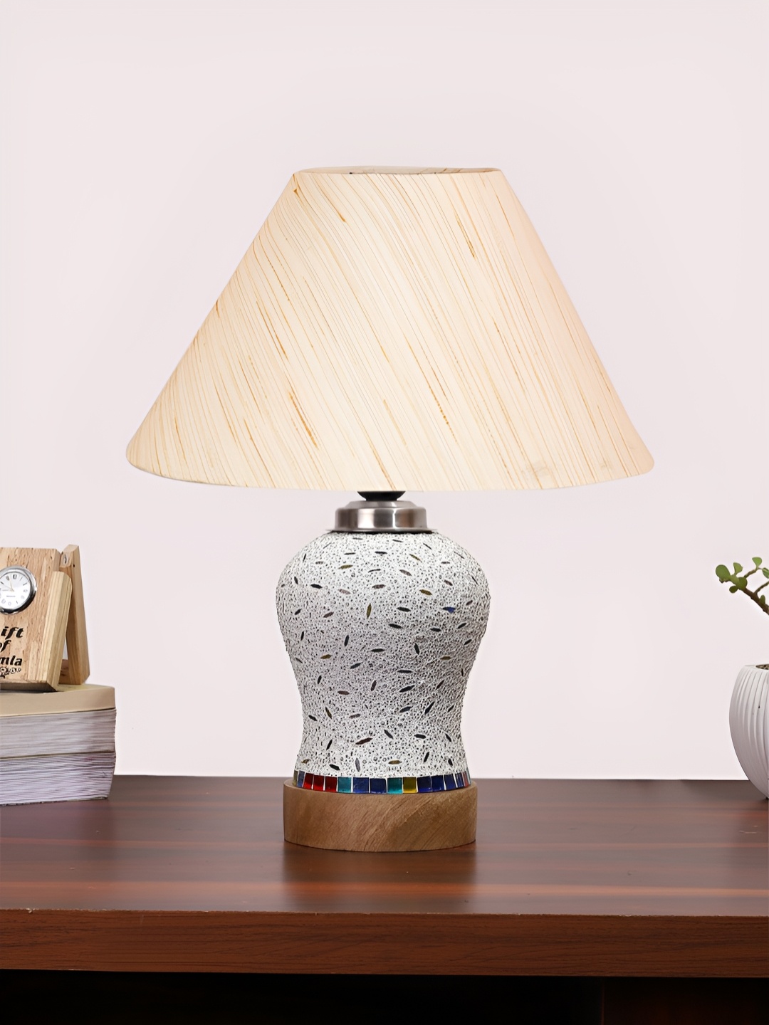 

Devansh Off White & Blue Textured Wooden Frustum Shaped Table Lamp With Mosaic Glass Base