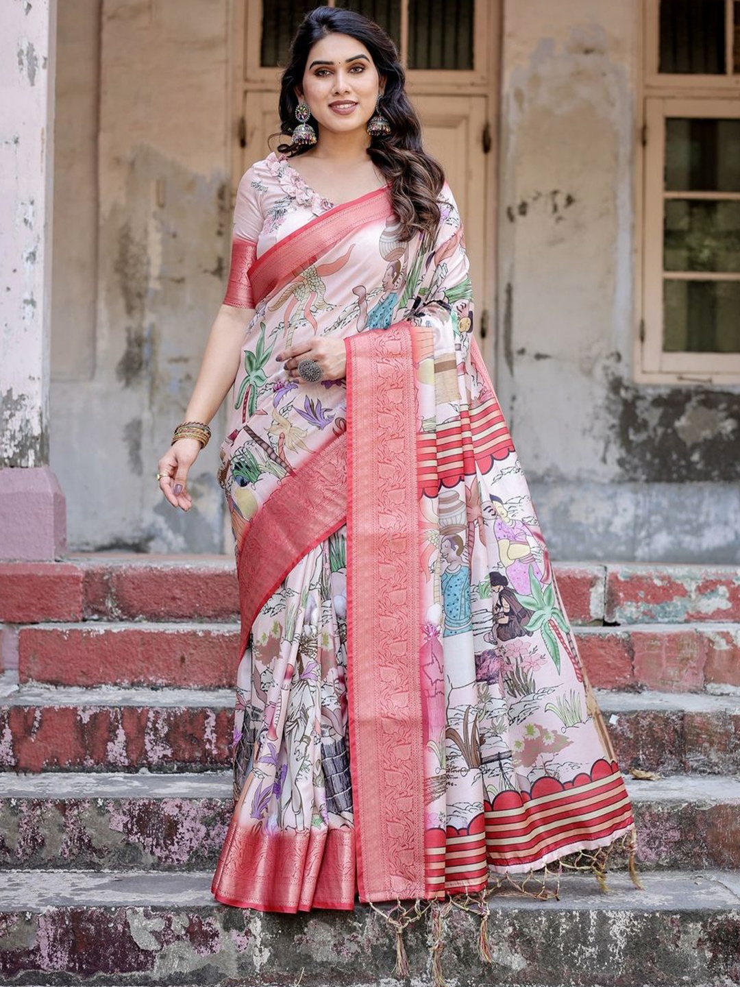 

ALMAARI FASHION Kalamkari Zari Pure Silk Tussar Saree, Peach