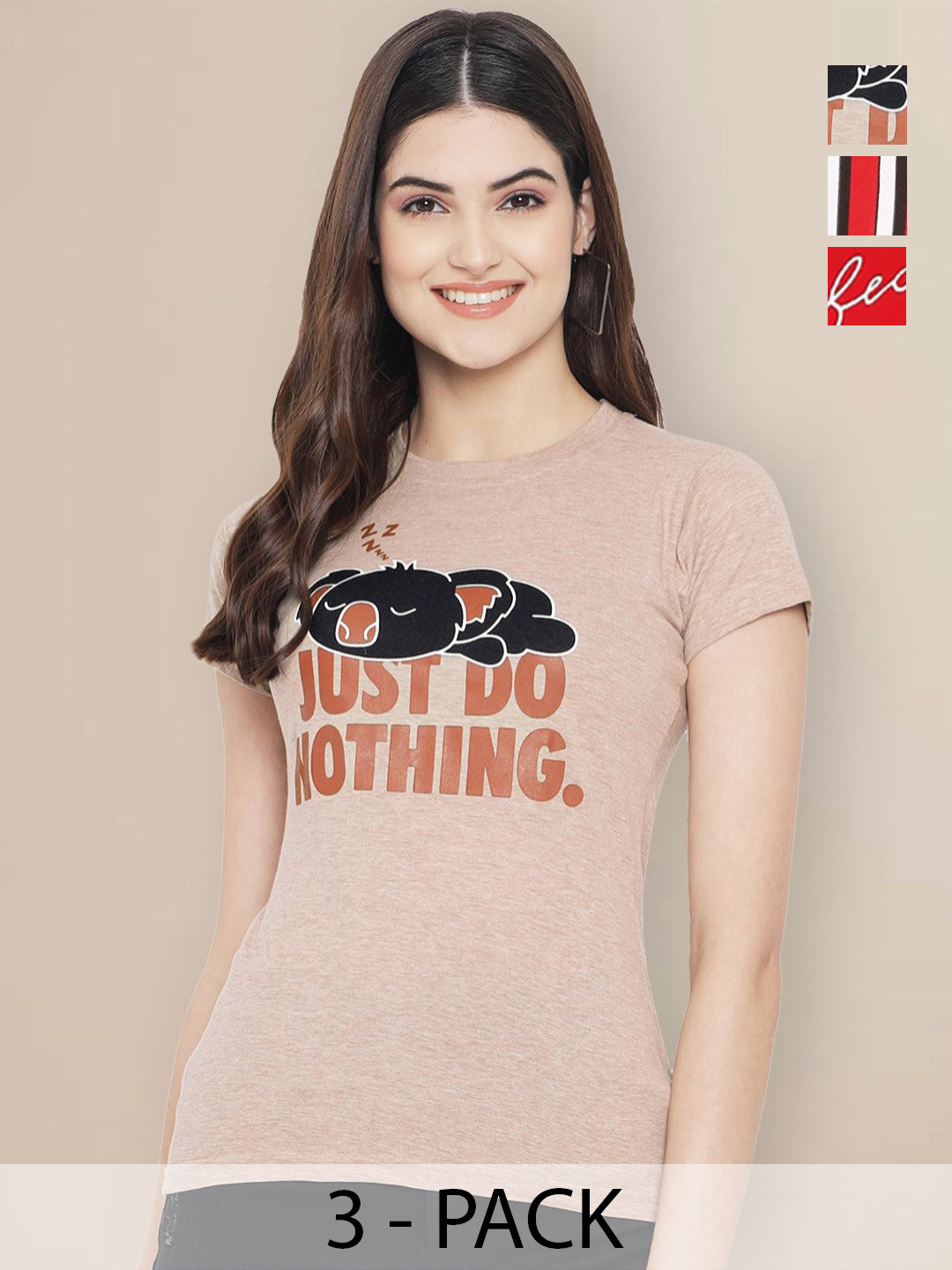 

GLOBAL NOMAD Women Pack of 3 Typography Printed Round Neck Cotton T-shirts, Red