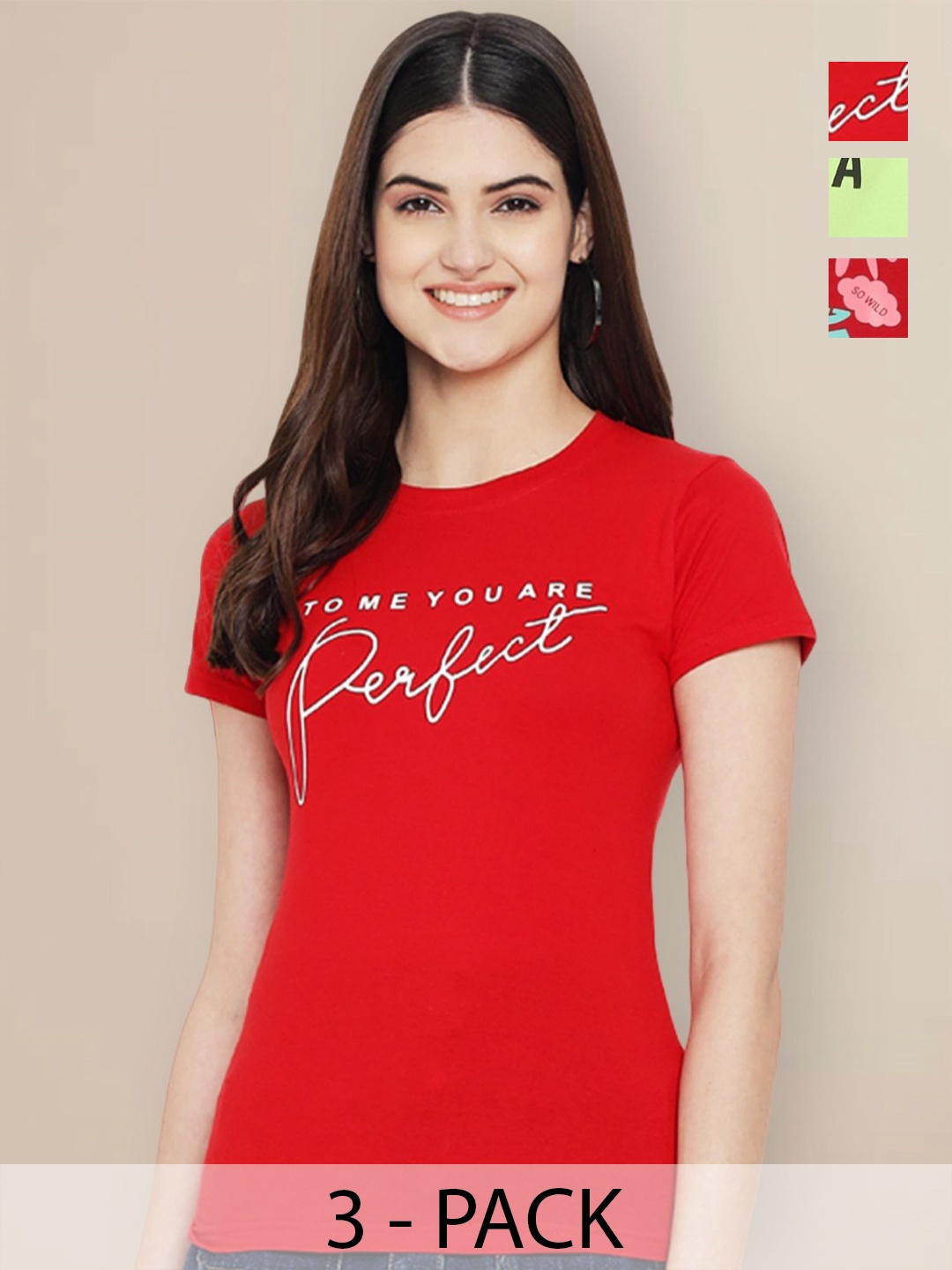 

GLOBAL NOMAD Women Pack of 3 Typography Printed Round Neck Cotton T-shirts, Red