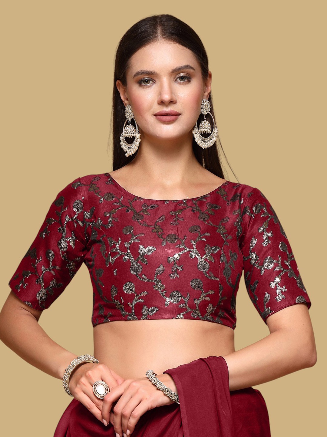 

Oomph! Women Woven Design Jacquard Traditional Saree Blouse, Red