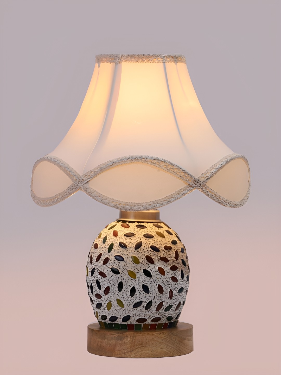 

Devansh White & Blue Printed Wooden Frustum Shaped Table Lamp With Mosaic Glass Base