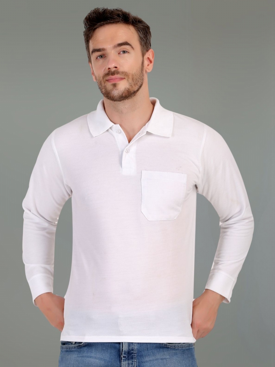 

SMAN Men Polo Collar Pockets T-shirt, White