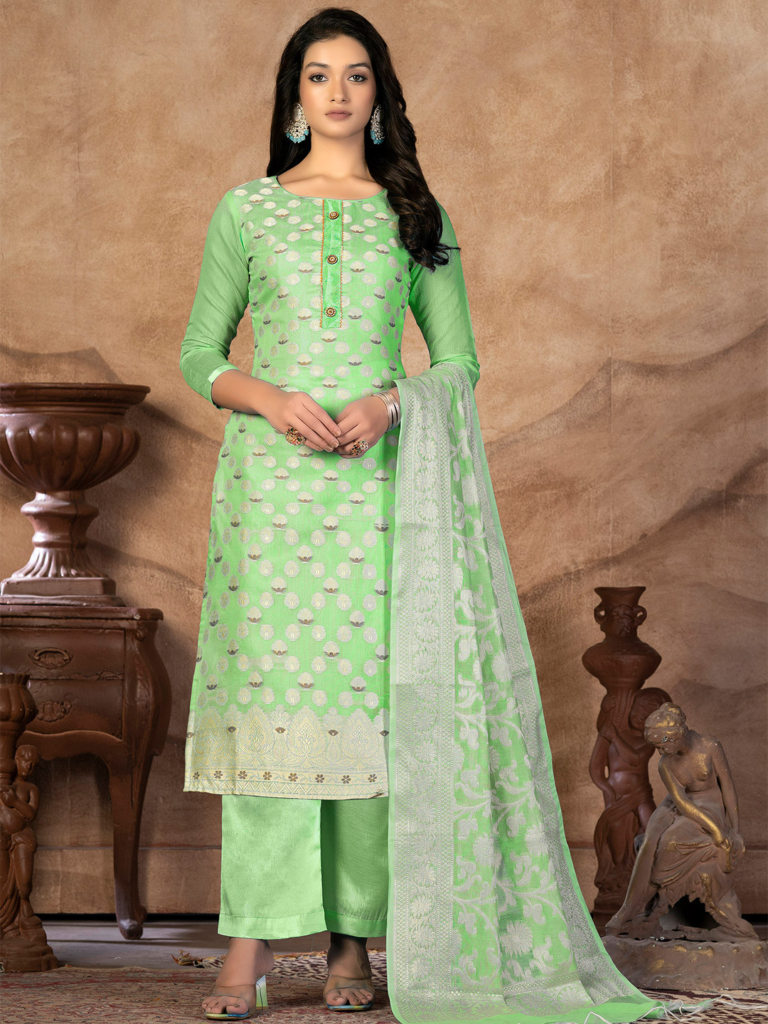 

SHADOW & SAINING Floral Woven Design Jacquard Semi-Stitched Dress Material, Green