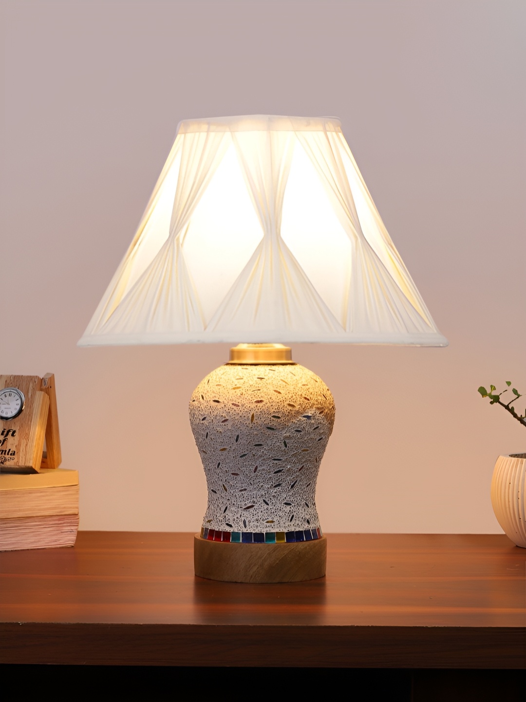 

Devansh Off-White & Blue Textured Wooden Frustum Shaped Table Lamp With Mosaic Glass Base