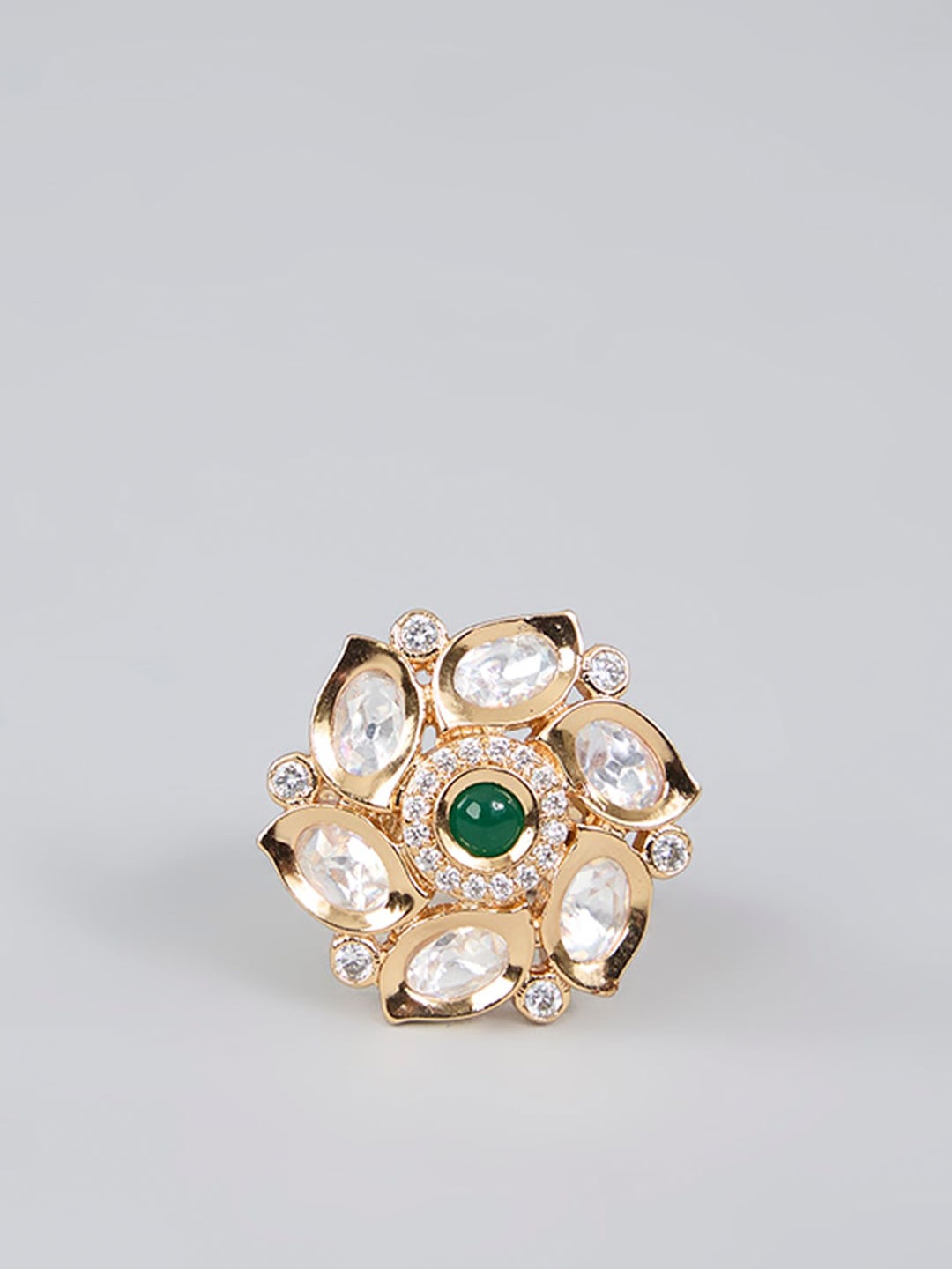 

AURAA TRENDS Gold-Plated Kundan Polki Floral Moissanite Ring