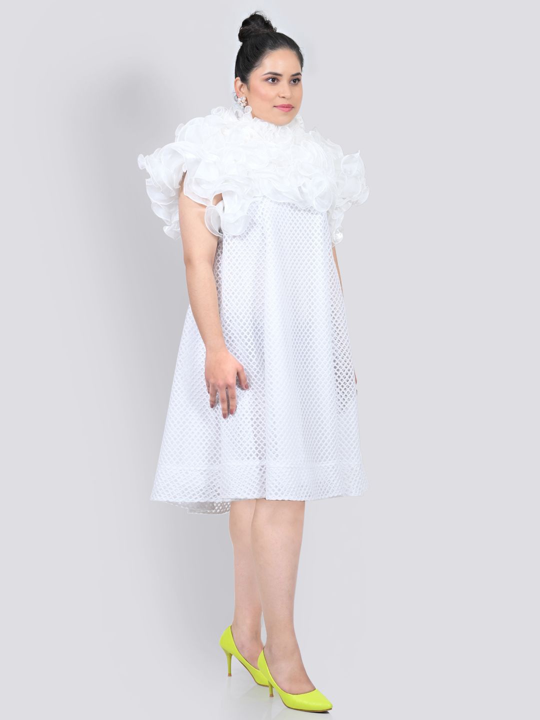 

LELA Net A-Line Dress, White