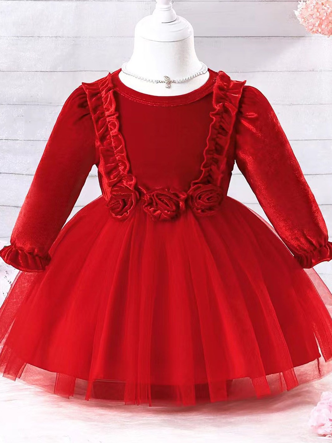 

Xsole Girls Puff Sleeve Fit & Flare Tulle Knee Length Dress, Red