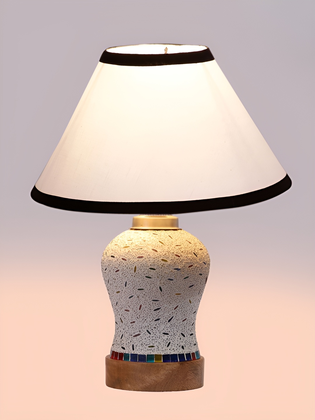 

Devansh White & Black Textured Wooden Frustum Shaped Table Lamp With Mosaic Glass Base