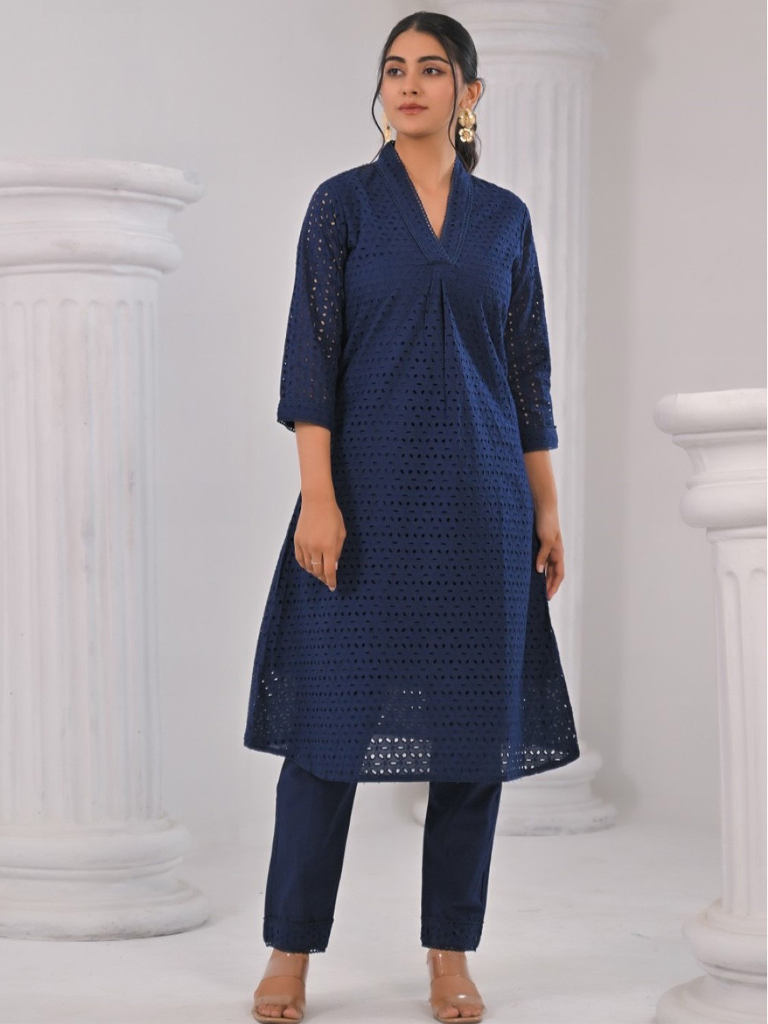 

AUTUMN LANE Pure Cotton A-Line Kurta with Trousers, Blue