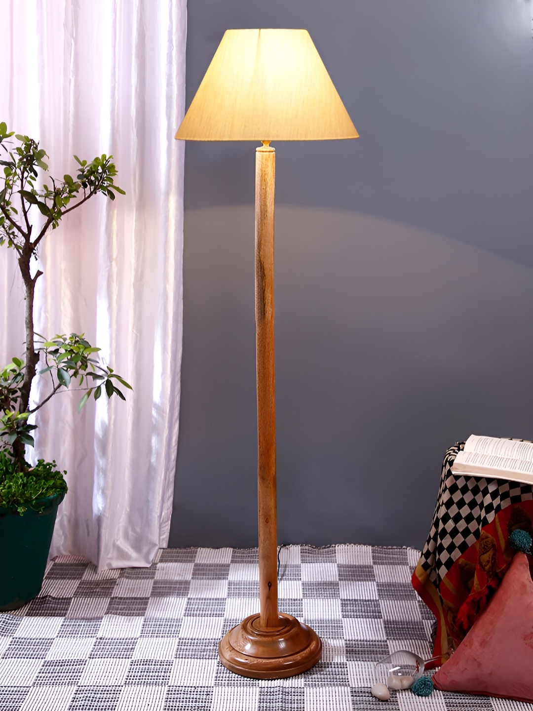 

Devansh Off White & Brown Cotton Conical Shade Wood Base Floor Lamps