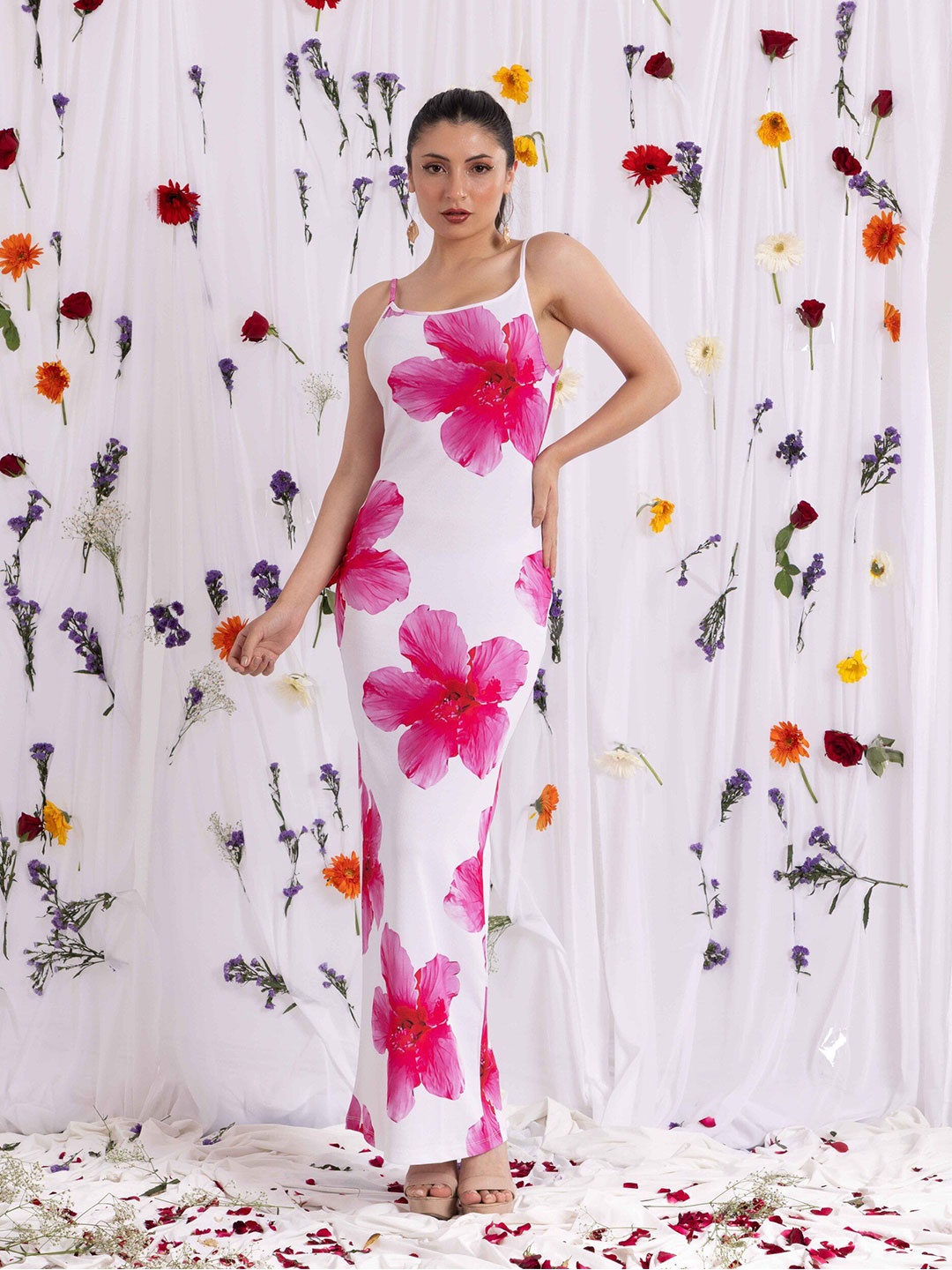 

BAESD Floral Printed Shoulder Straps Bodycon Maxi Dress, White