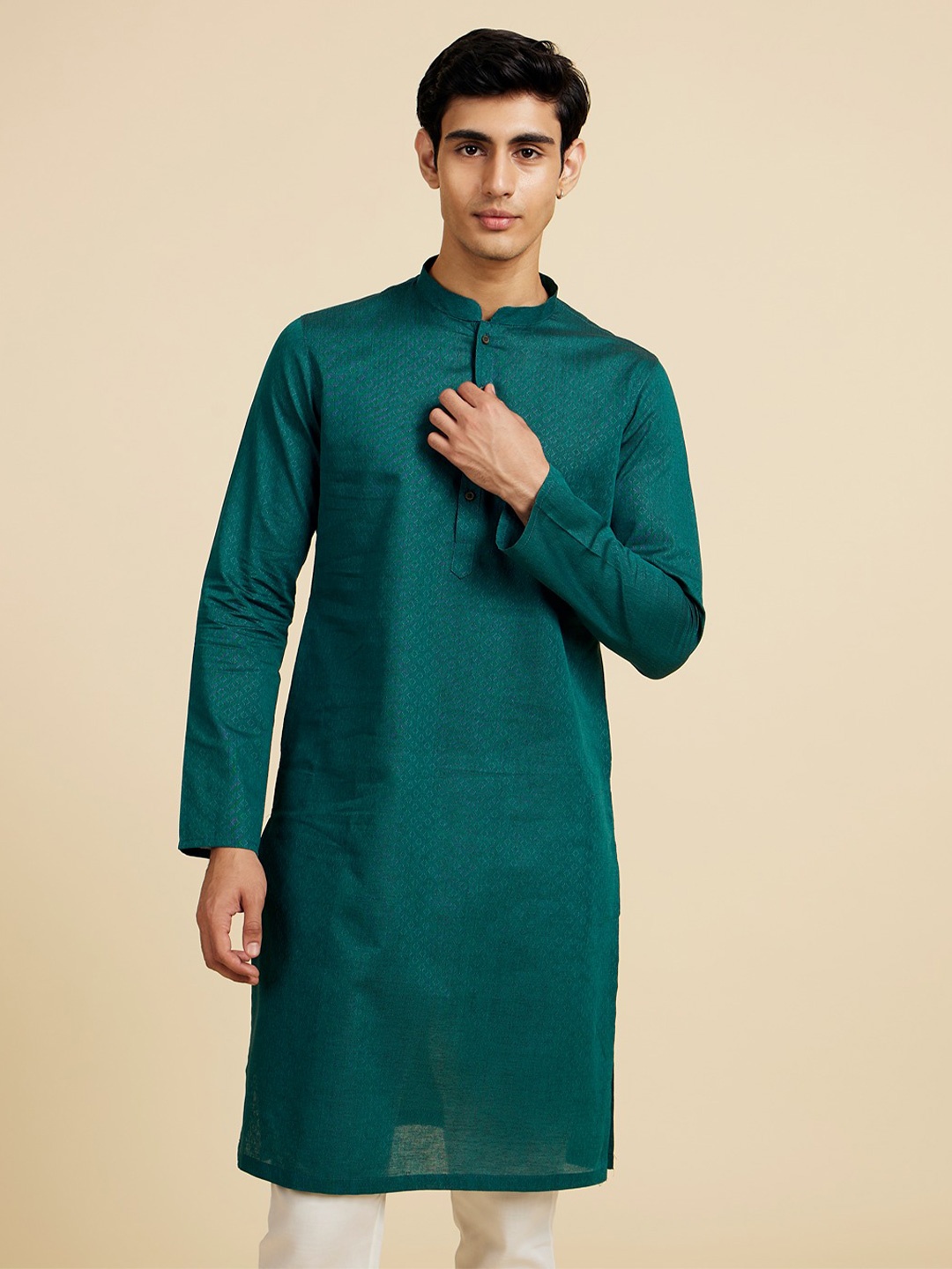 

Diwas by Manyavar Woven Design Mandarin Collar Kurta, Teal