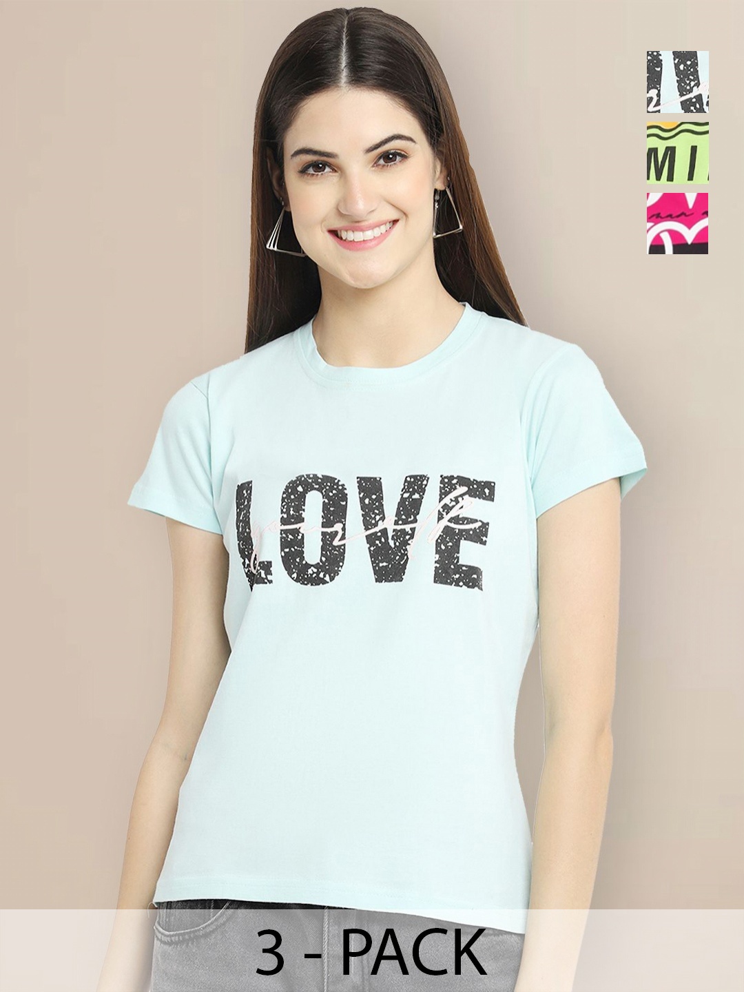 

GLOBAL NOMAD Women Pack of 3 Typography Printed Round Neck Cotton T-shirts, Blue