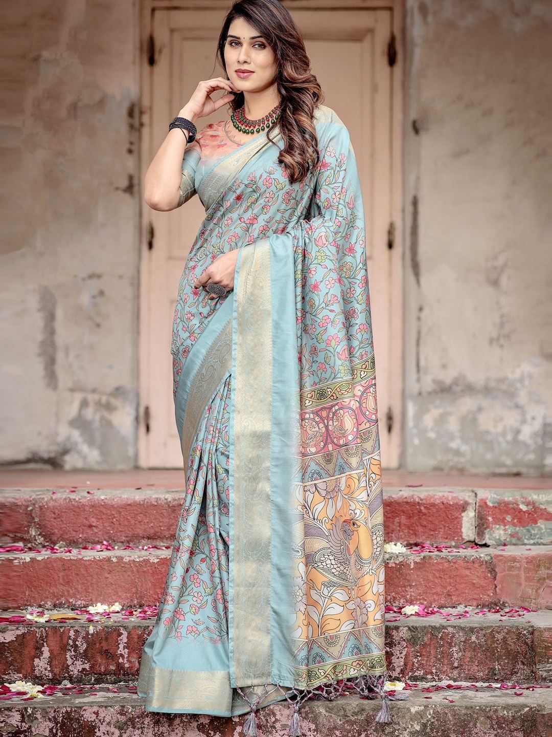 

ALMAARI FASHION Ethnic Motifs Zari Pure Silk Jamdani Saree, Blue