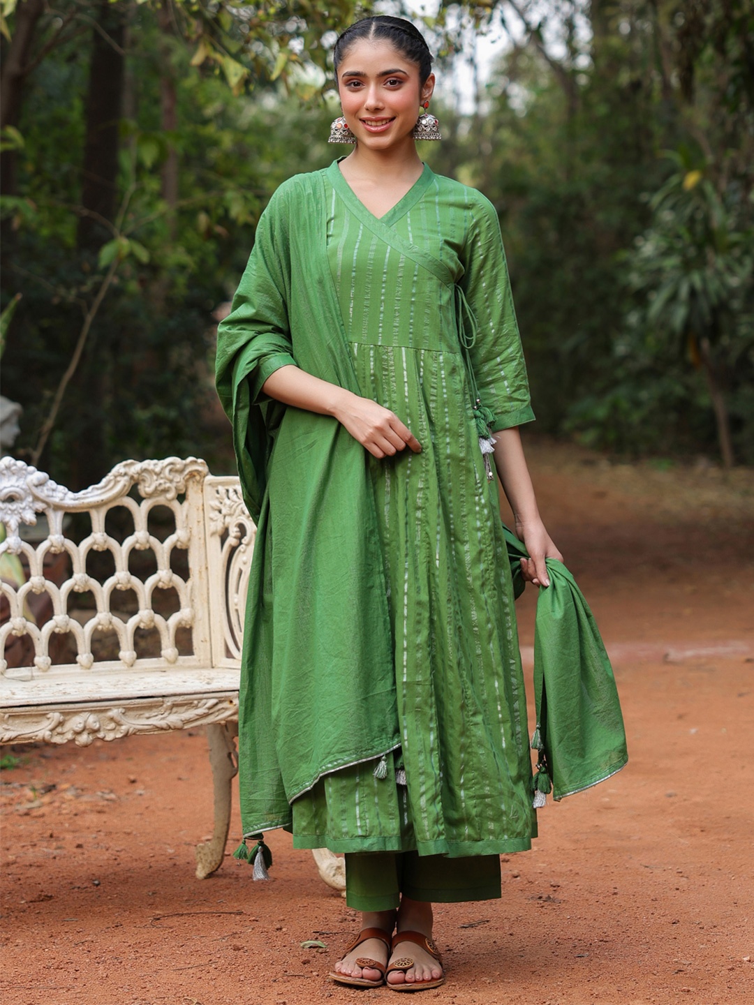 

SAVI Striped Angrakha Pure Cotton Anarkali Kurta with Trousers & Dupatta, Green