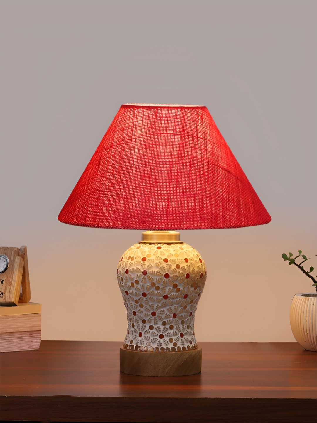 

Devansh Pink & White Printed Printed Frustum Shaped Wooden Table Lamp