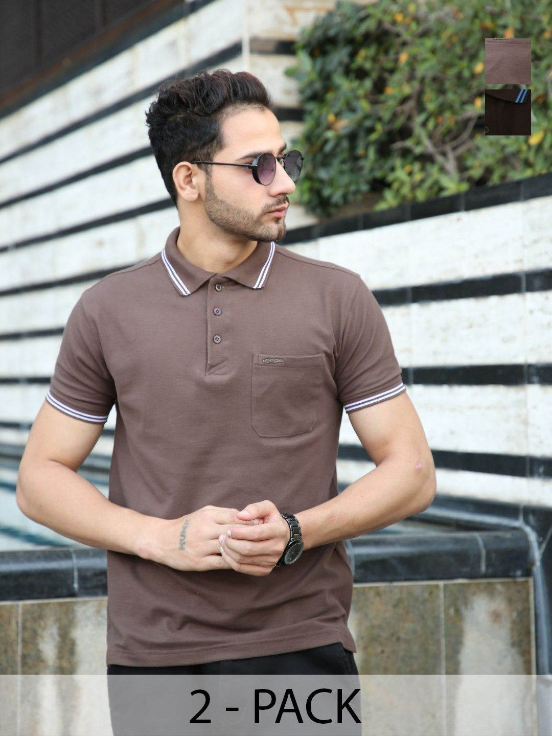 

EAZY Men 2 Polo Collar Pockets T-shirt, Black