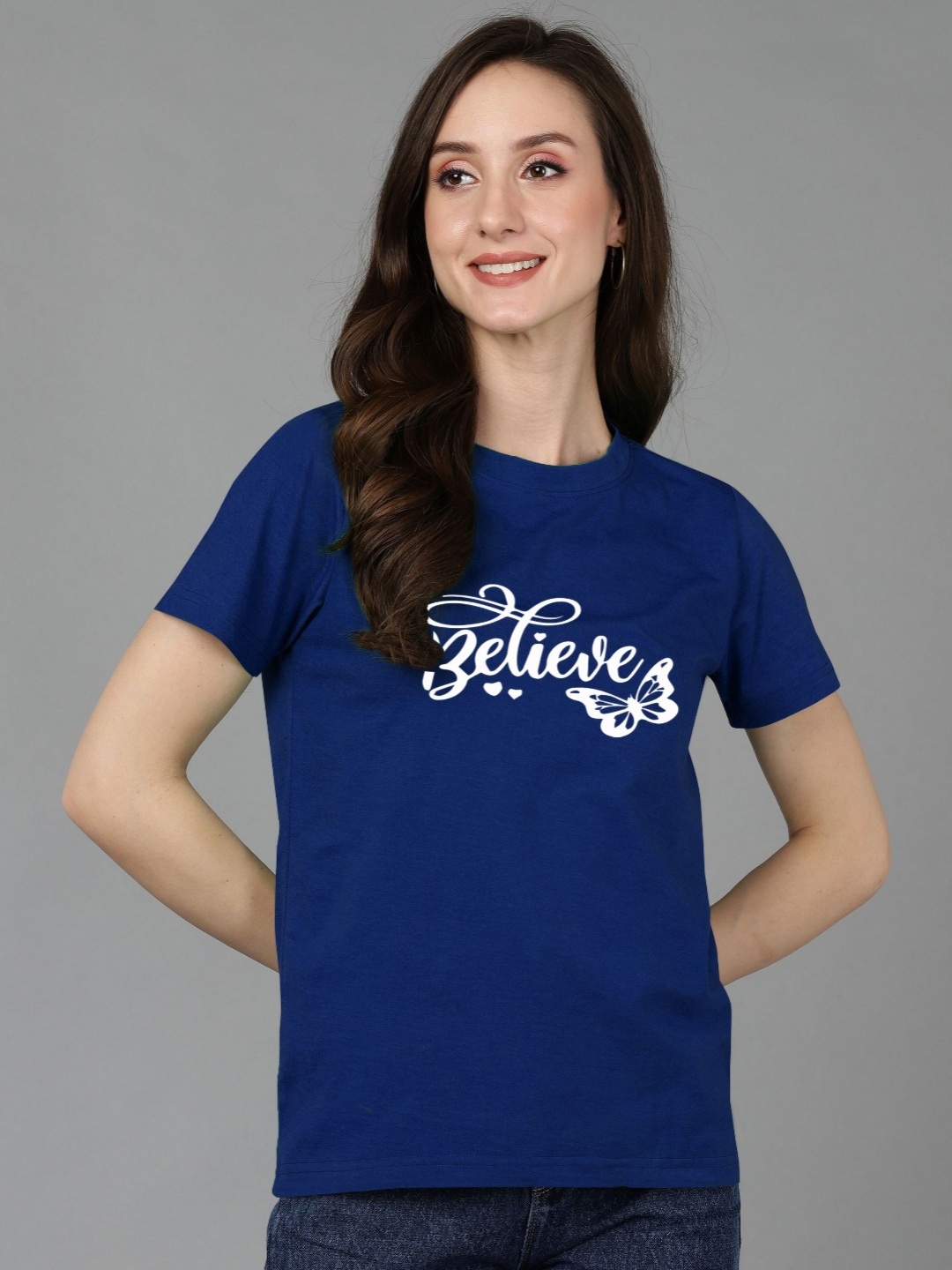 

Adyavastram Women Printed Applique T-shirt, Blue