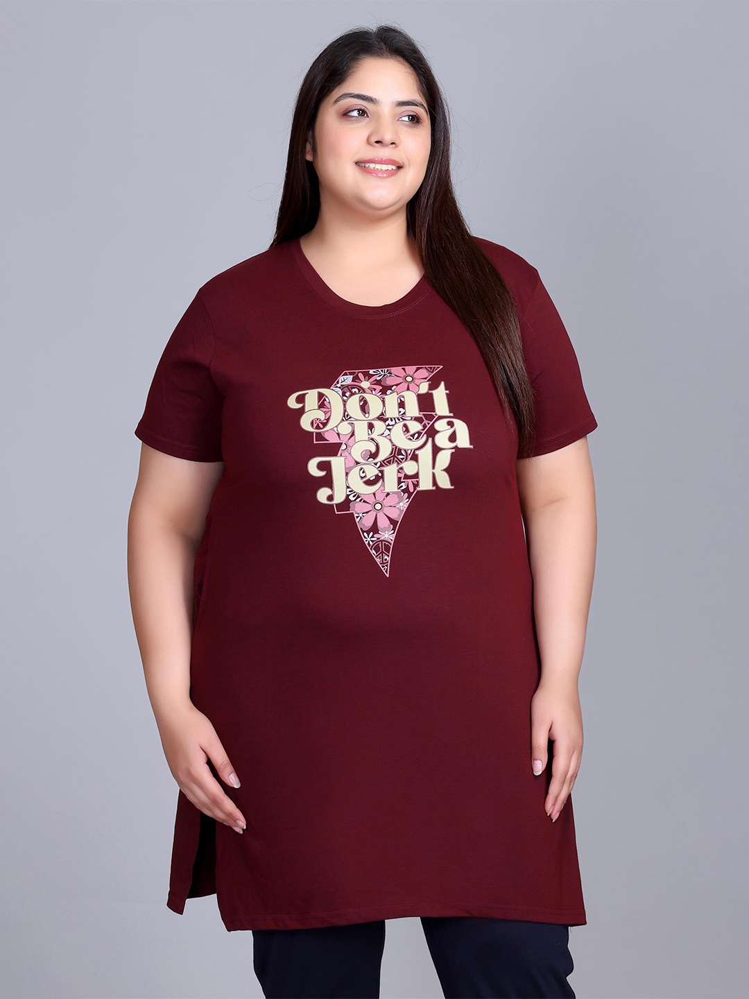 

IN Love Women Plus Size Printed Cotton Lounge Tshirts, Maroon