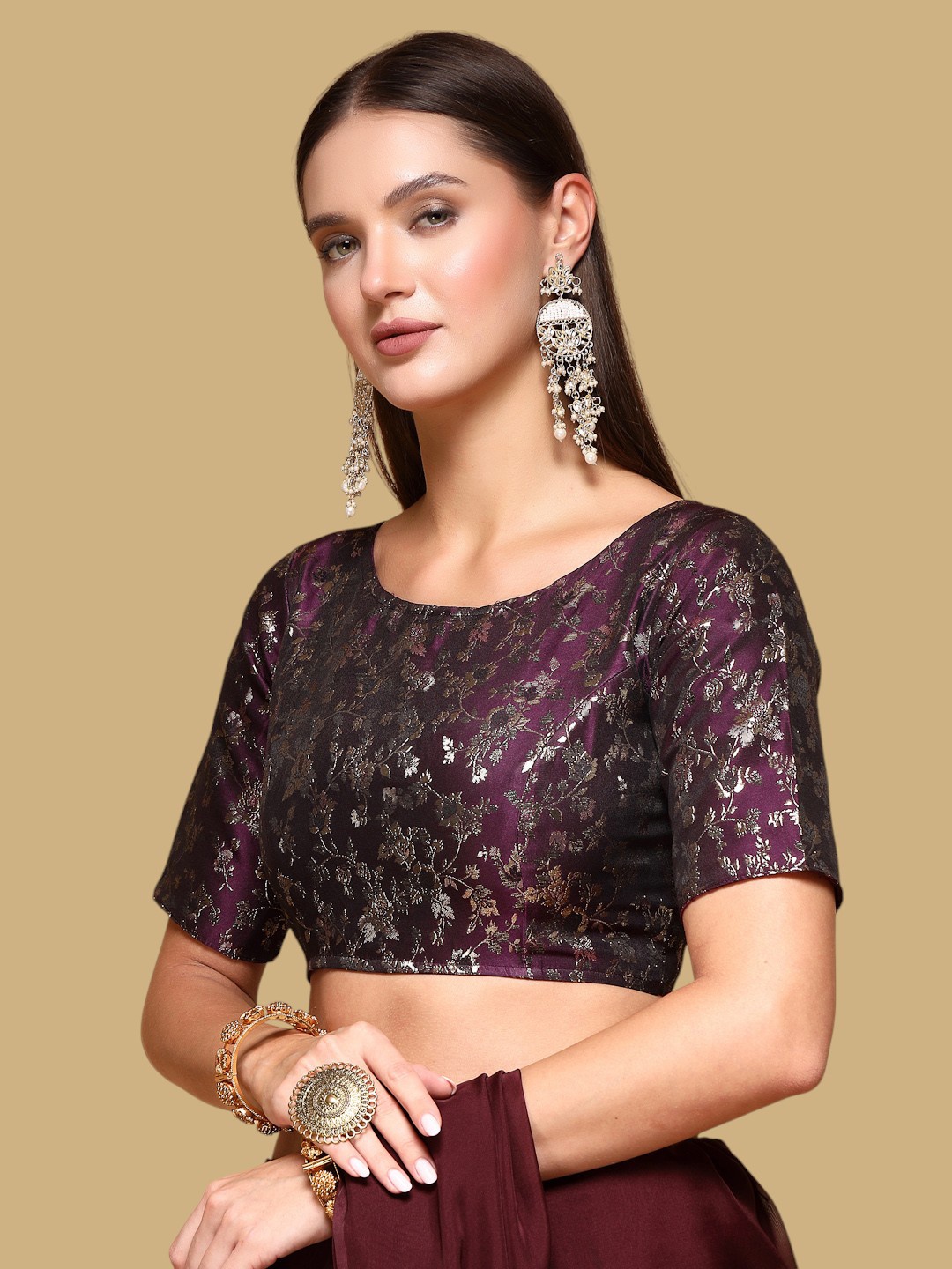 

Oomph! Ethnic Motifs Woven Design Jacquard Traditional Saree Blouse, Purple