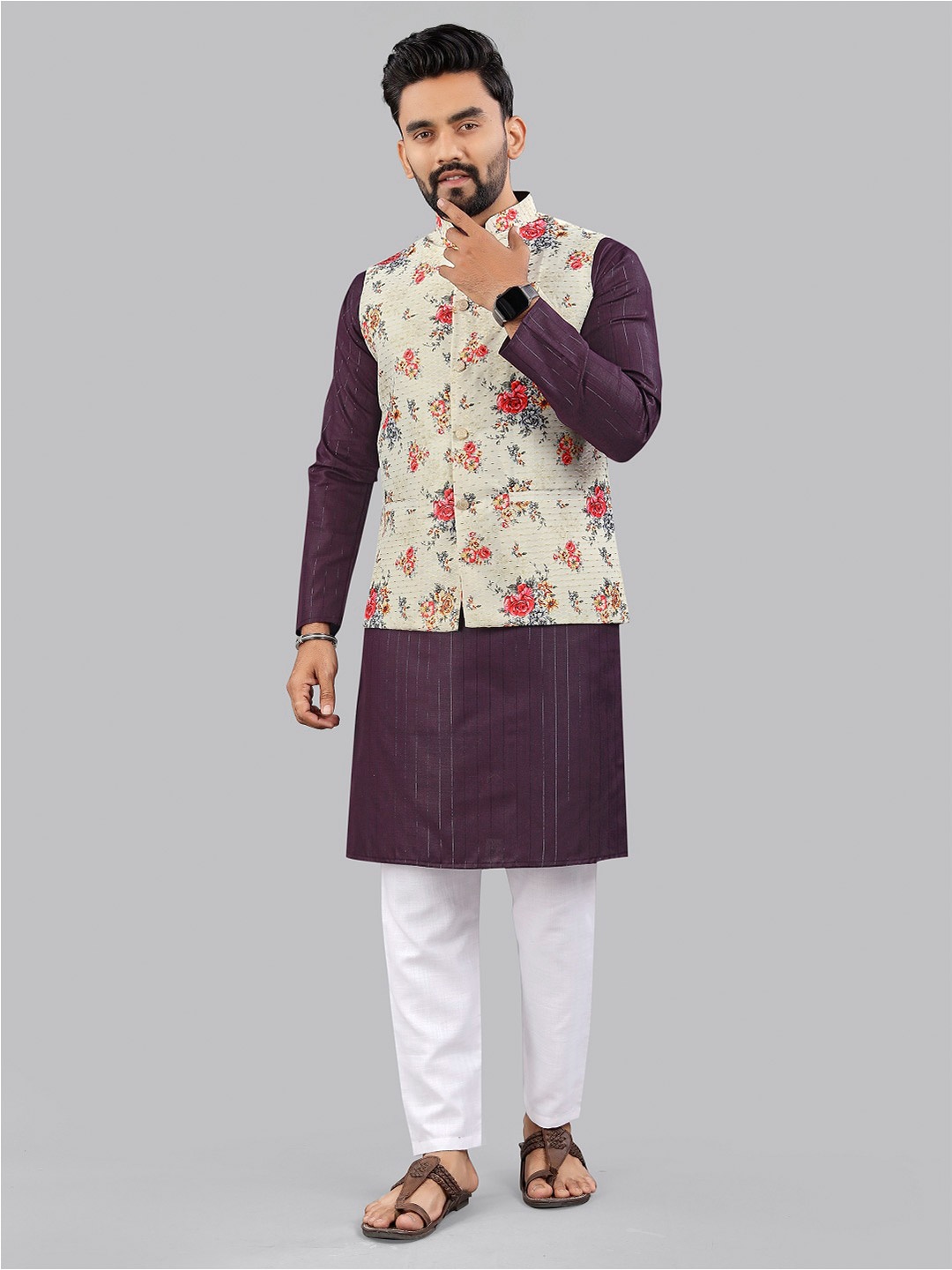

WELL TEX Men Floral Printed Regular Kurta with Pyjamas, Purple